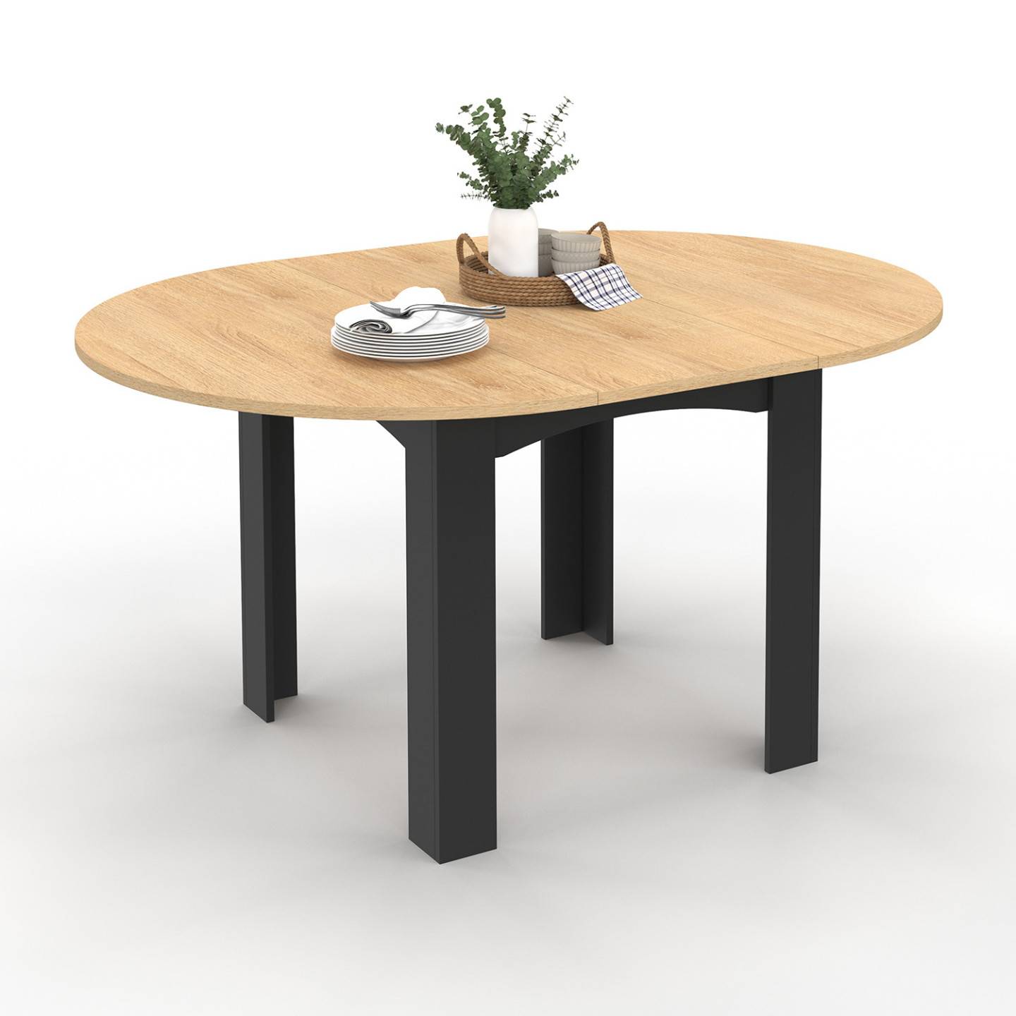 Table à manger extensible ronde DONA 4-8 personnes noire plateau façon hêtre 110-150 cm - Image 2