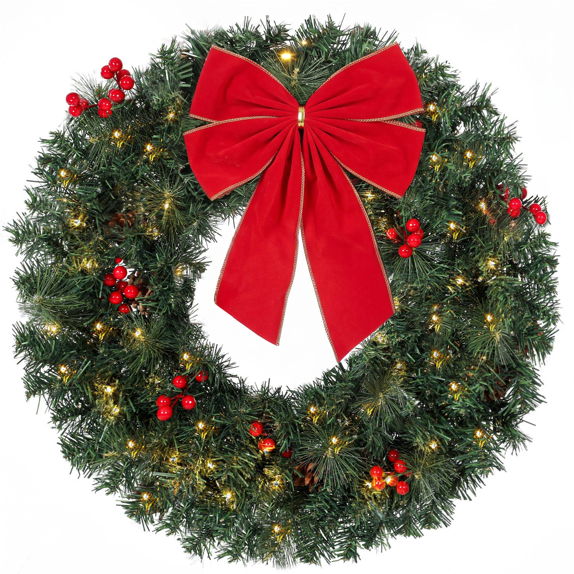 Couronne Noël 61 cm porte design épicéa, nœud, 50 LED, 140 pointes, 8 modes - Image 1