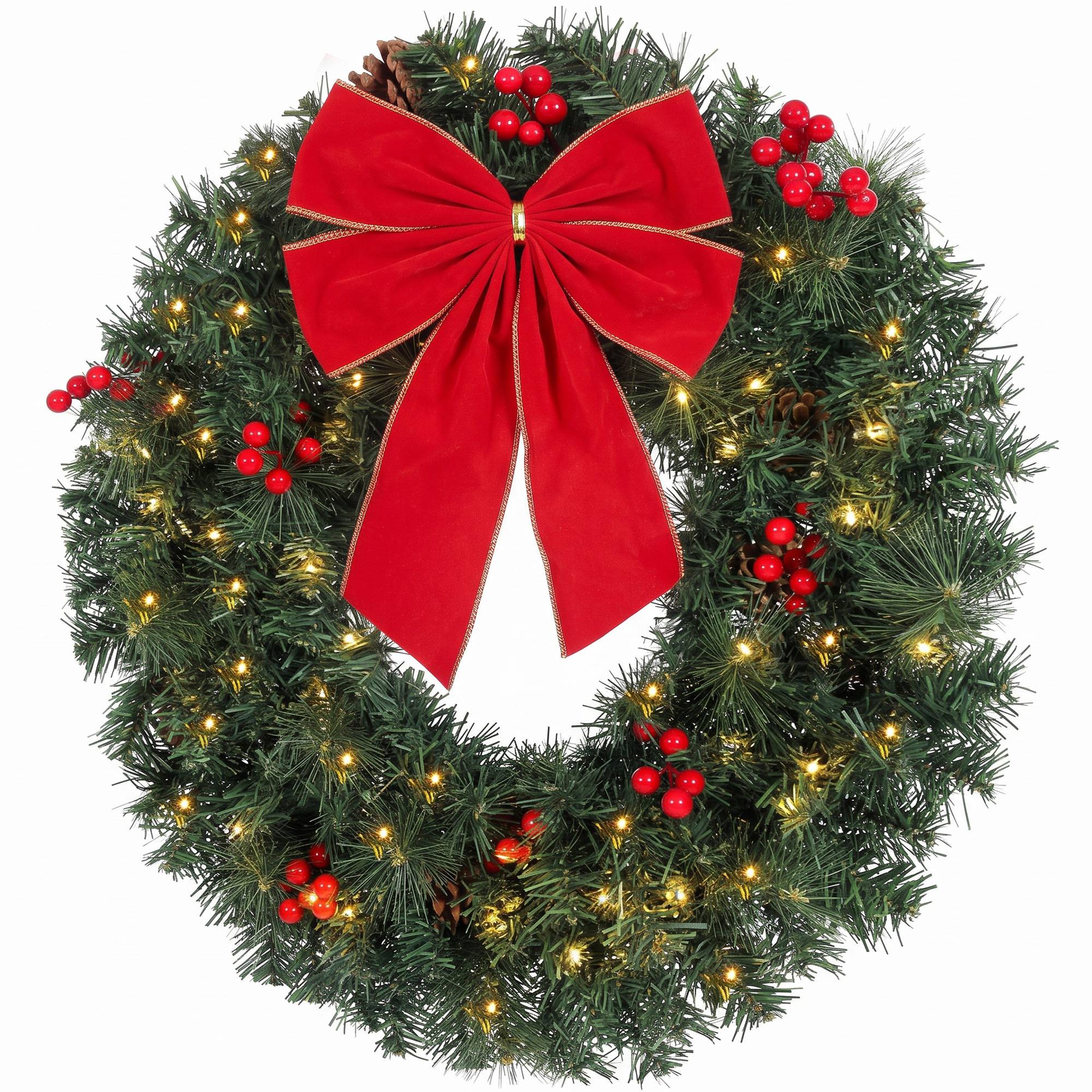 Couronne Noël 61 cm porte design épicéa, nœud, 50 LED, 140 pointes, 8 modes - Image 2