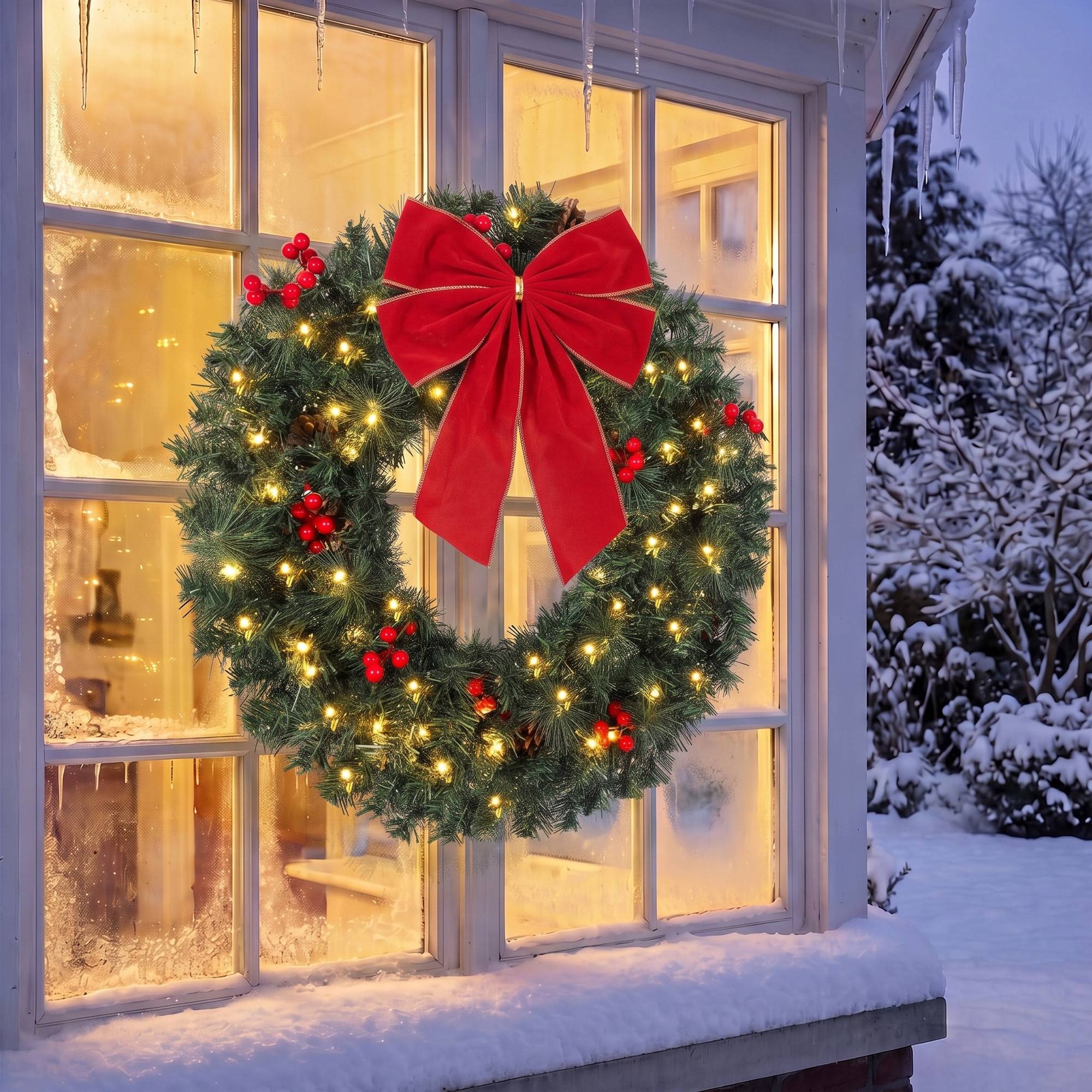 Couronne Noël 61 cm porte design épicéa, nœud, 50 LED, 140 pointes, 8 modes - Image 4