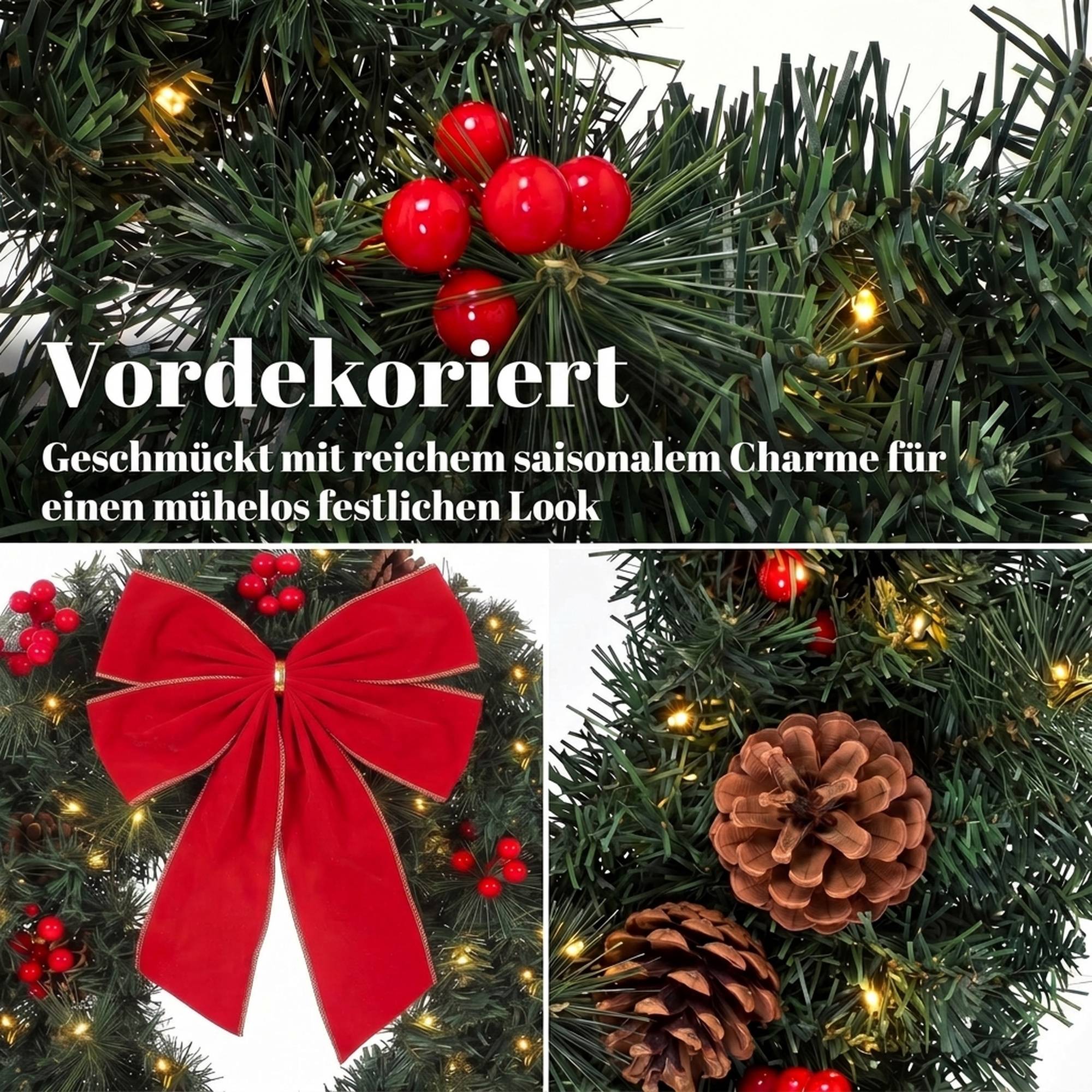 Couronne Noël 61 cm porte design épicéa, nœud, 50 LED, 140 pointes, 8 modes - Image 8