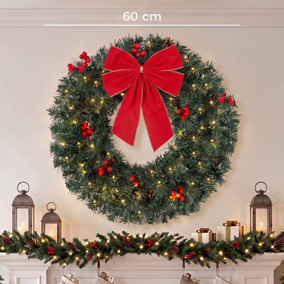 Couronne Noël 61 cm porte design épicéa, nœud, 50 LED, 140 pointes, 8 modes - Image 5