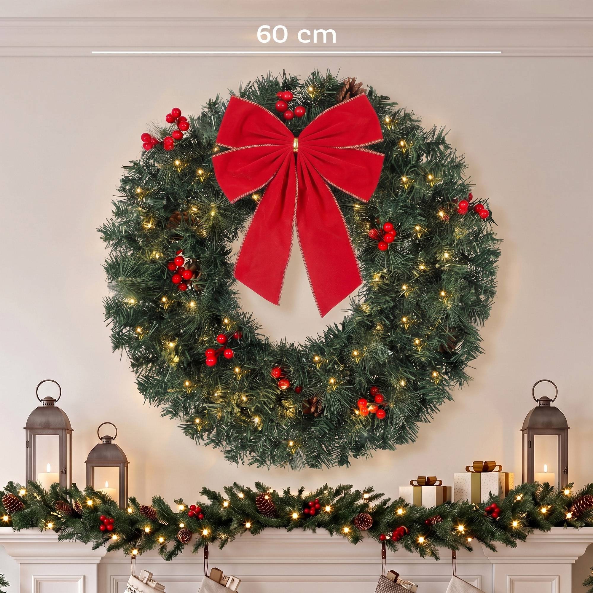Couronne Noël 61 cm porte design épicéa, nœud, 50 LED, 140 pointes, 8 modes - Image 5