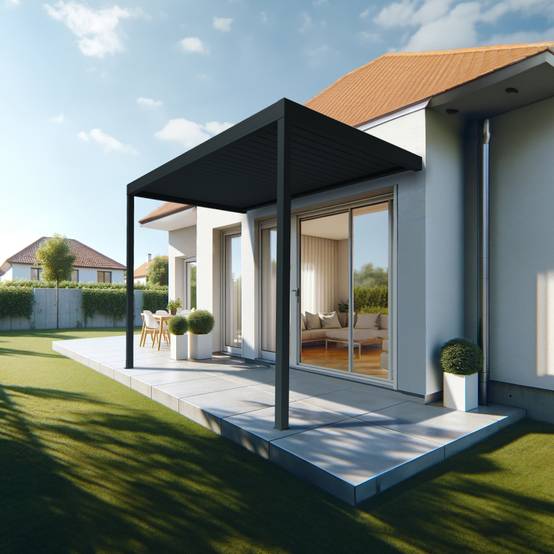 Pergola Bioclimatique AVANOA perpendiculaire 4,576x3,50 M Vérin à Télécommande (Gris anthracite) - Alia Productions - Imagen 1