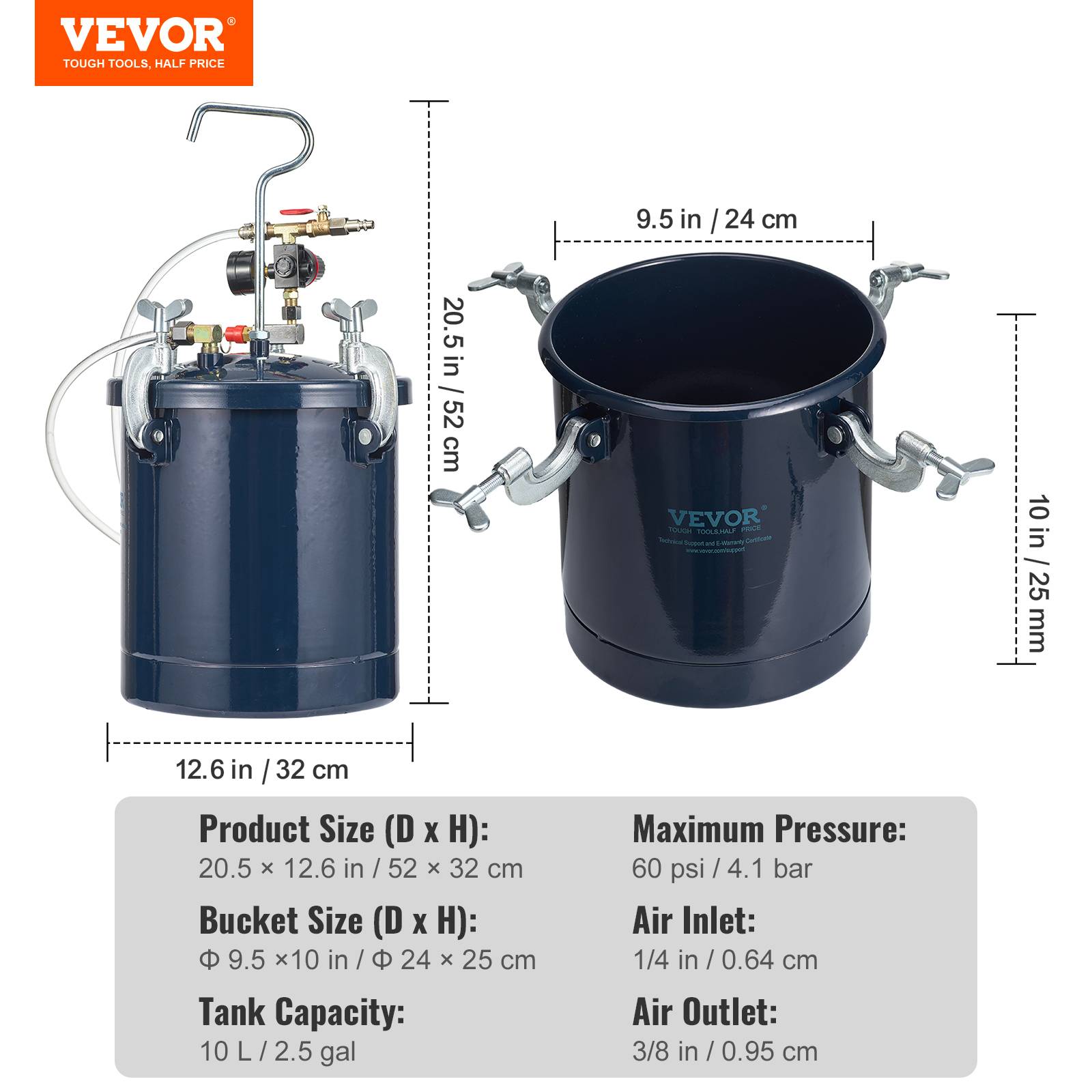 Vevor - VEVOR Pistolet à peinture 10L, 2 pulvérisateurs, buses 1.5mm & 4mm, pression max 60 PSI pour intérieur. - Image 7