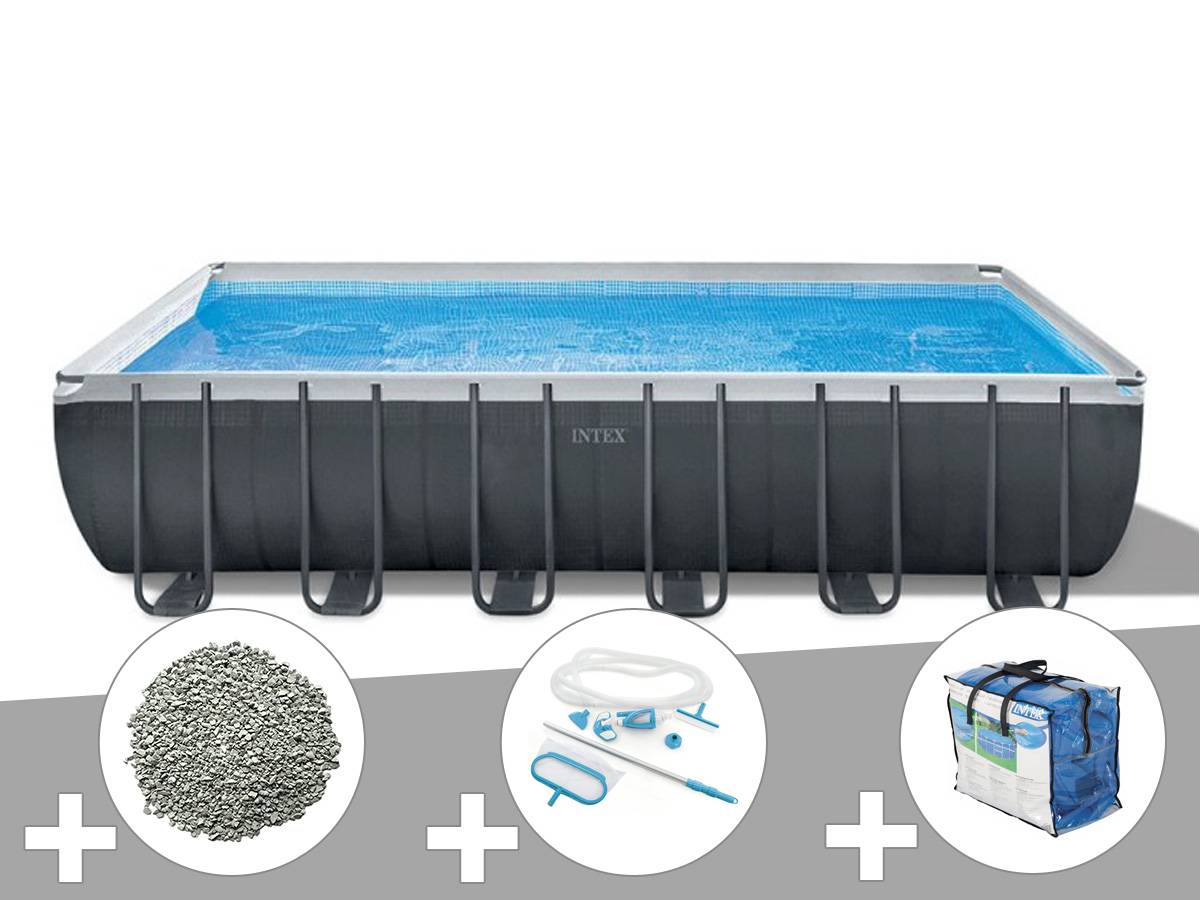 Kit piscine tubulaire Intex Ultra XTR Frame rectangulaire 7,32 x 3,66 x 1,32 m + Bâche à bulles + 20 kg de zéolite + Kit d'entretien