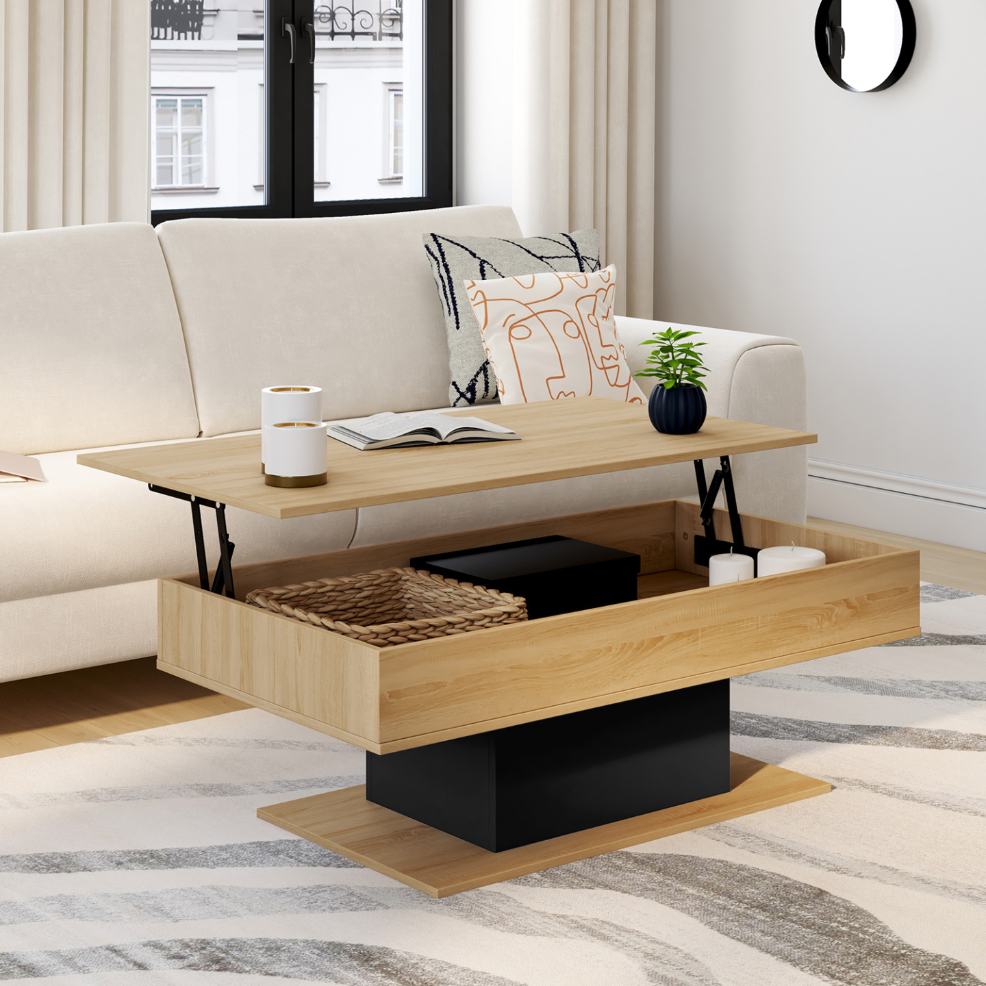 Table basse plateau relevable rectangulaire EDEN bois et noir - Image 1