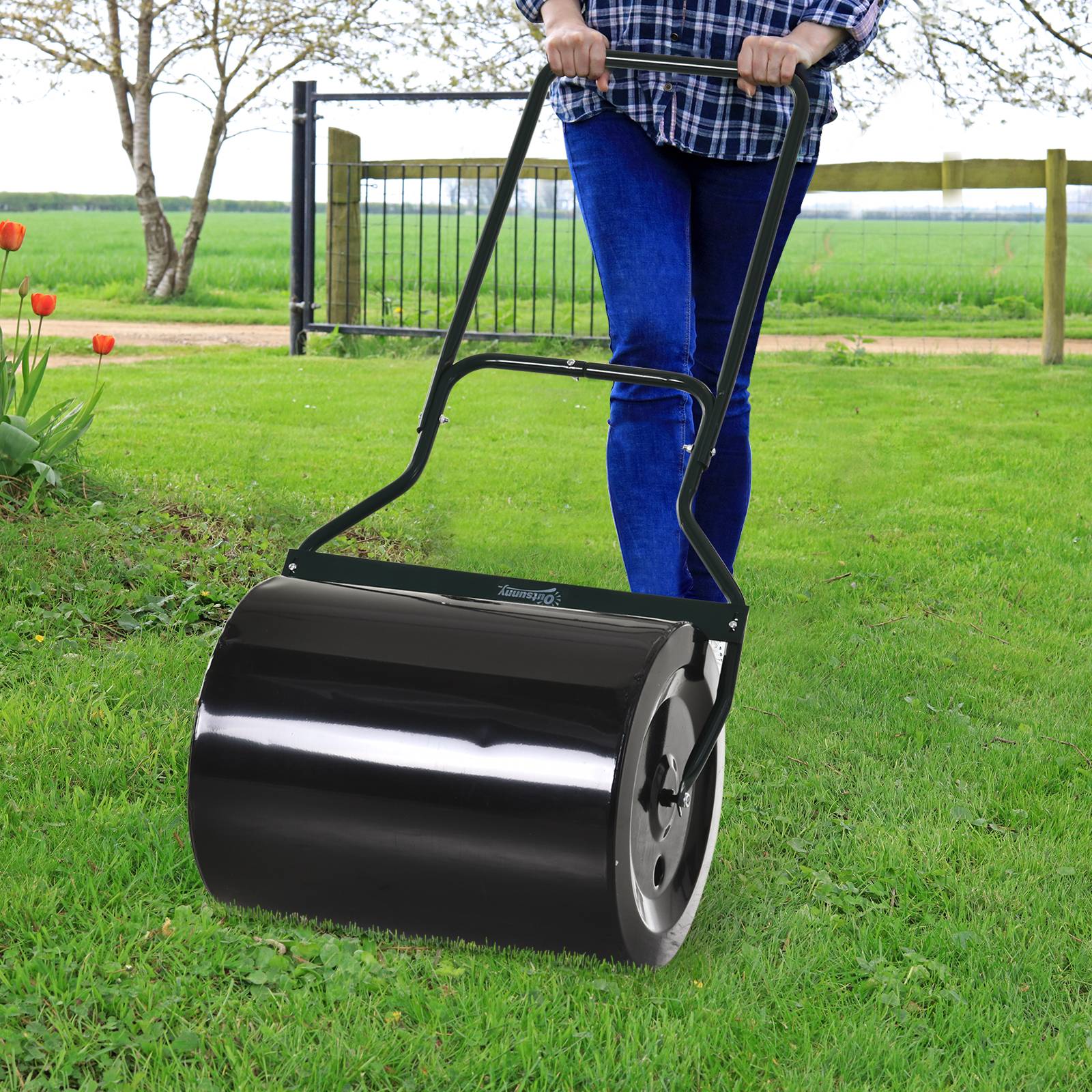 ComfortXL - Rouleau à gazon en métal 60 L Ø40 cm noir et vert pour pelouse semée nivellement jardin poignée en U - Image 1