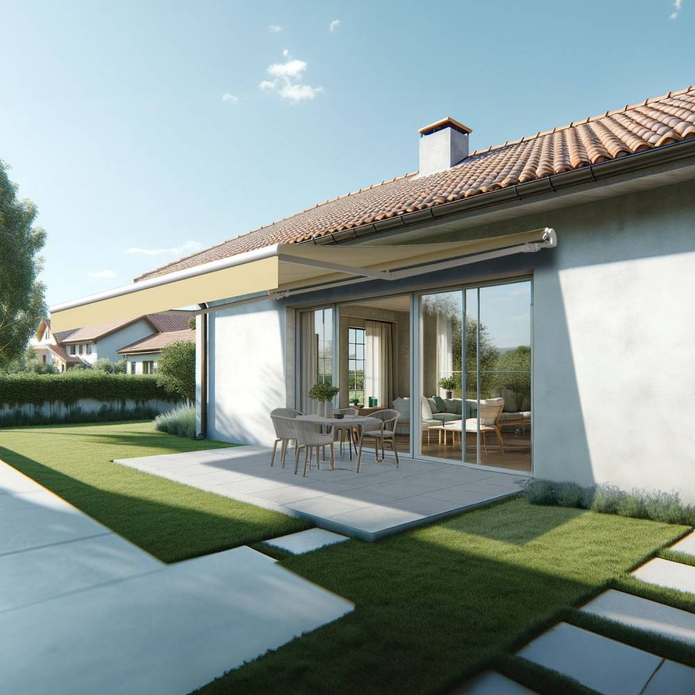 Store banne monobloc ESPAI 5,00x3,00m (Manuelle - Ecru - Blanc) - Alia Productions - Imagen 1