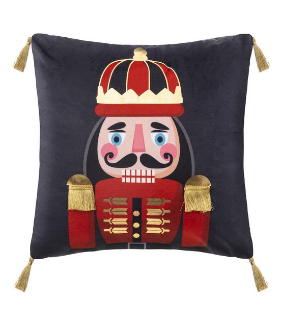Coussin décoratif Bleu Foncé imprimé Casse-Noisette avec pompons 40 x 40 cm - Image 1