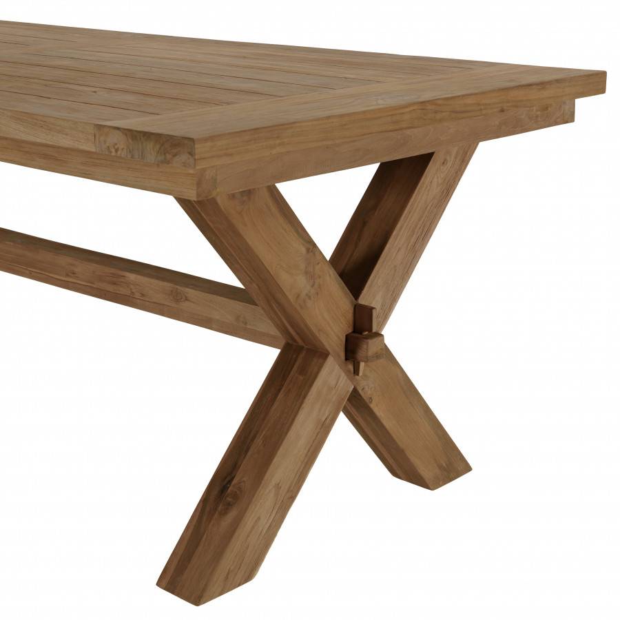 Macabane - KALLY - Salon de jardin 1 table et 2 bancs teck recyclé pieds croisés - Imagen 4