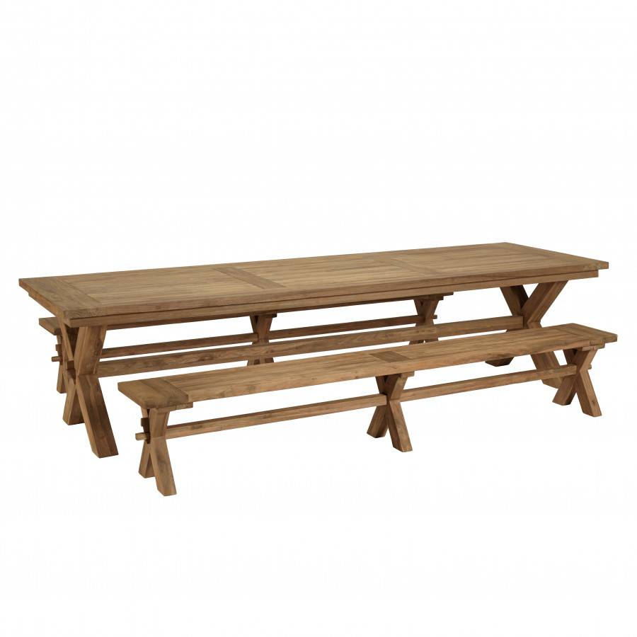 Macabane - KALLY - Salon de jardin 1 table et 2 bancs teck recyclé pieds croisés - Imagen 9