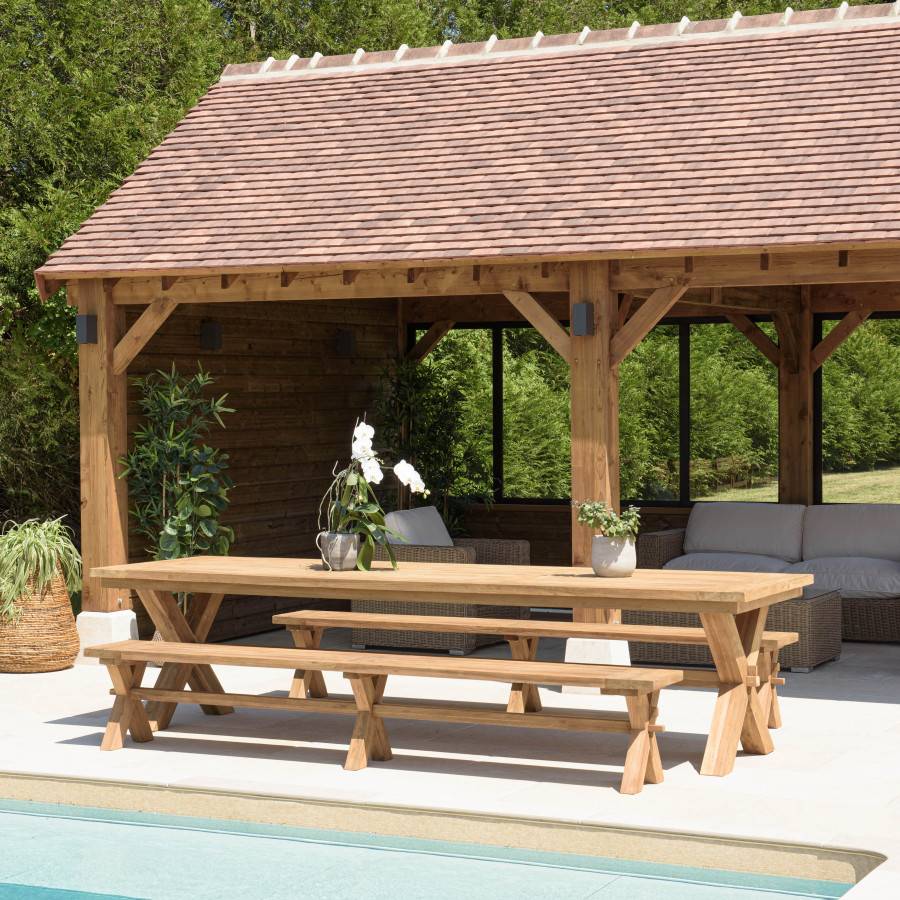 Macabane - KALLY - Salon de jardin 1 table et 2 bancs teck recyclé pieds croisés - Imagen 2