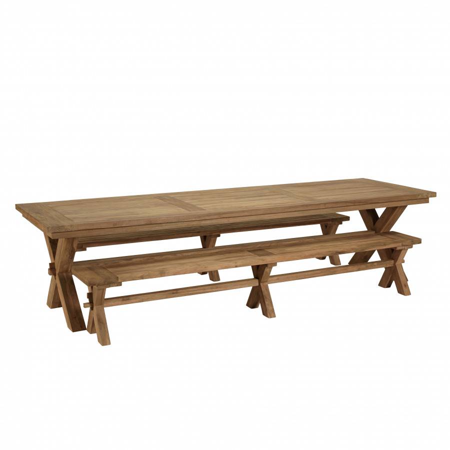 Macabane - KALLY - Salon de jardin 1 table et 2 bancs teck recyclé pieds croisés - Imagen 1