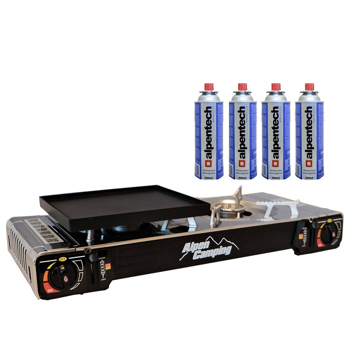 Réchaud 2 feux Gaz 4400W + Plancha Allumage piezo Portable ALPEN + 4 cartouches 250 gr butane - Imagen 1