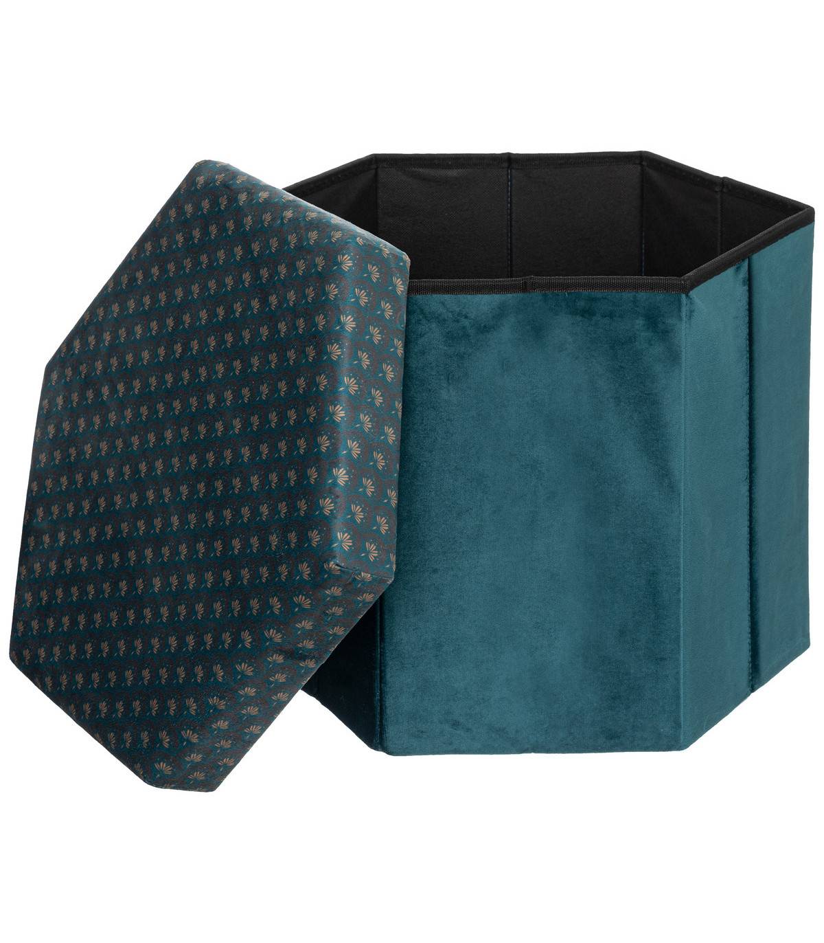 Pouf pliant et Coffre de rangement en velours Bleu avec motifs - Imagen 2