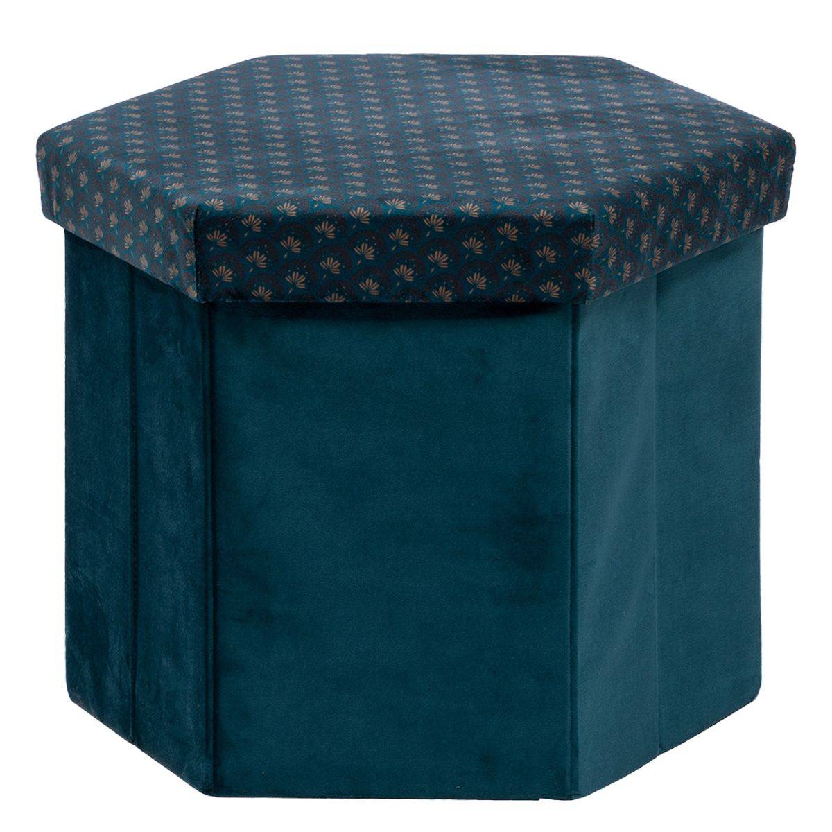 Pouf pliant et Coffre de rangement en velours Bleu avec motifs - Imagen 1