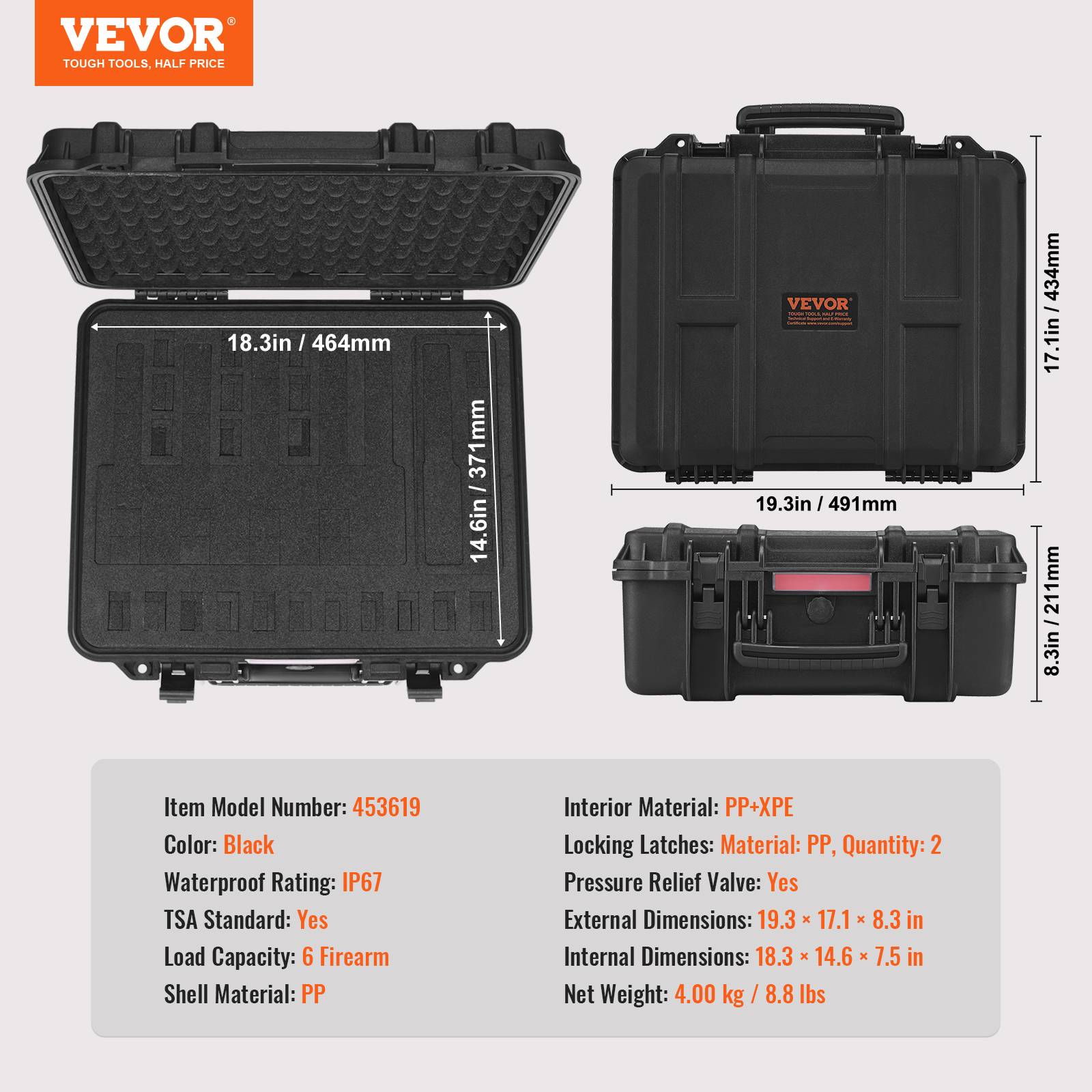 VEVOR Conteneurs pistolets durables, étanches, pour 6 armes. Dimensions 19,3x17,1x8,3 po, verrouillage. - Image 7