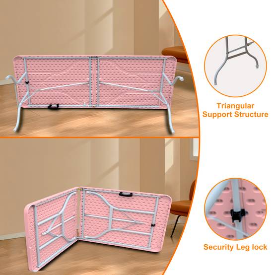 Table pliante robuste 243,9cm avec poignée, multifonction camping intérieur extérieur, charge 135kg rose - Image 3