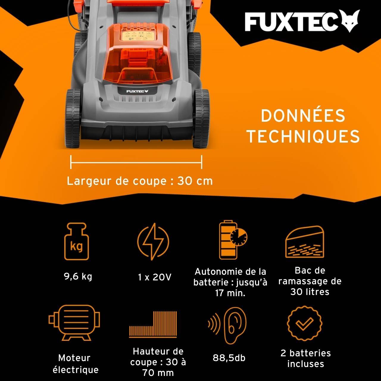 FUXTEC - Tondeuse sans fil FUXTEC- FX-E1RM20ECO-SET 20 V 4 Ah, coupe 30 cm, bac 30 L - Image 2