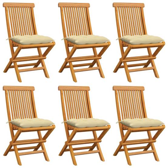 Lot de 6 Chaises de jardin et coussins - Chaises d'extérieur - Fauteuils de jardin blanc crème Teck massif - Image 2