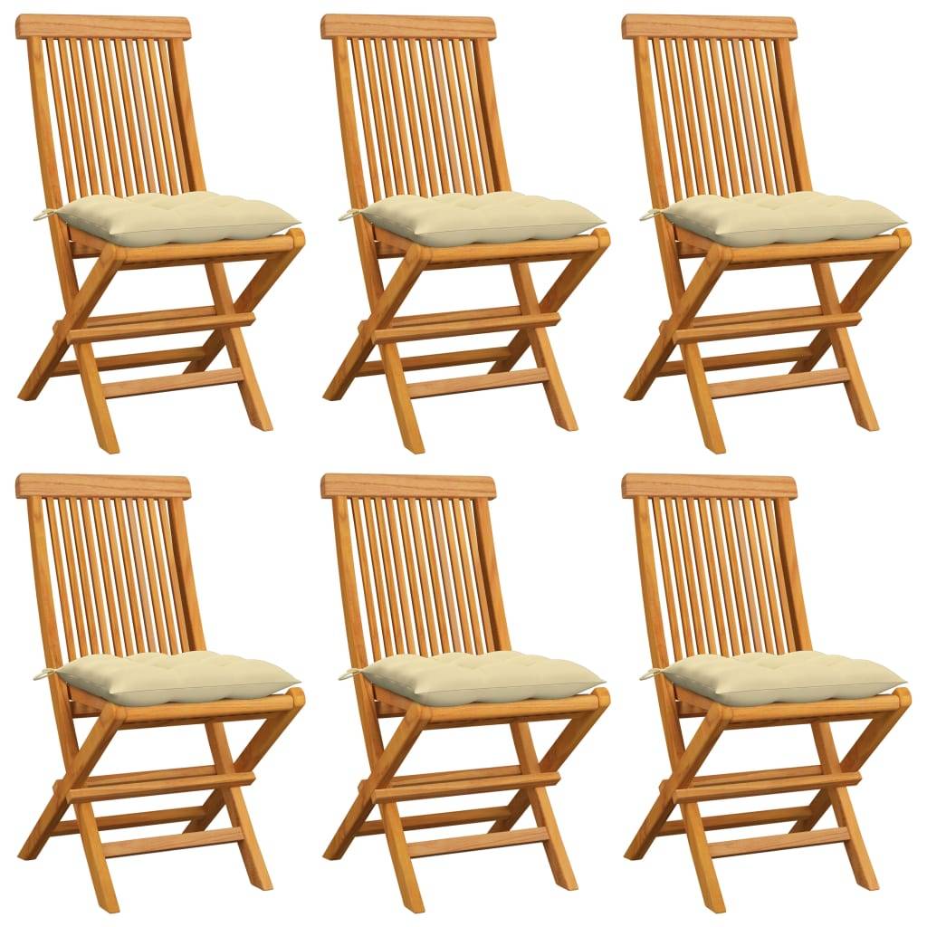 Lot de 6 Chaises de jardin et coussins - Chaises d'extérieur - Fauteuils de jardin blanc crème Teck massif - Image 2