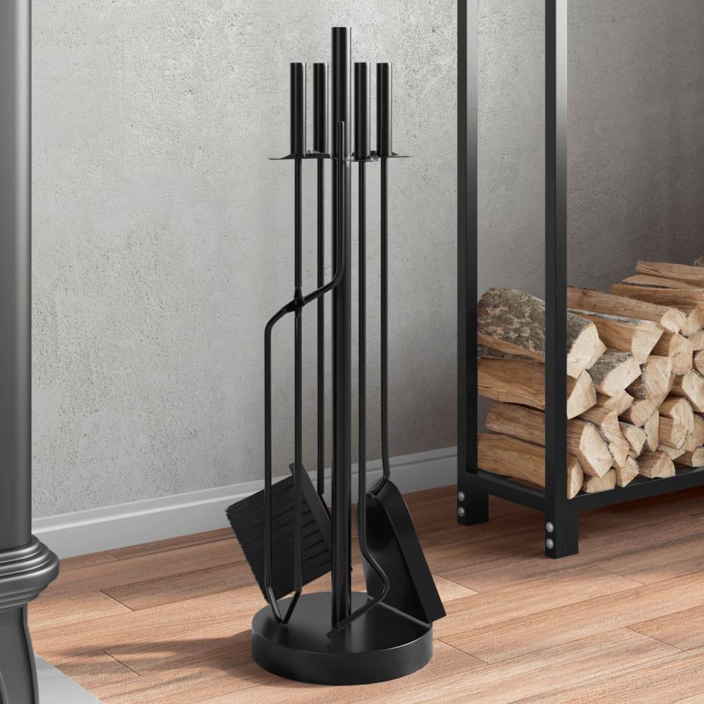 Set Serviteur de Cheminée Acier Rond 5 Pièces pour Entretien Poêle 66 cm Noir - ComfortXL Outdoor Living