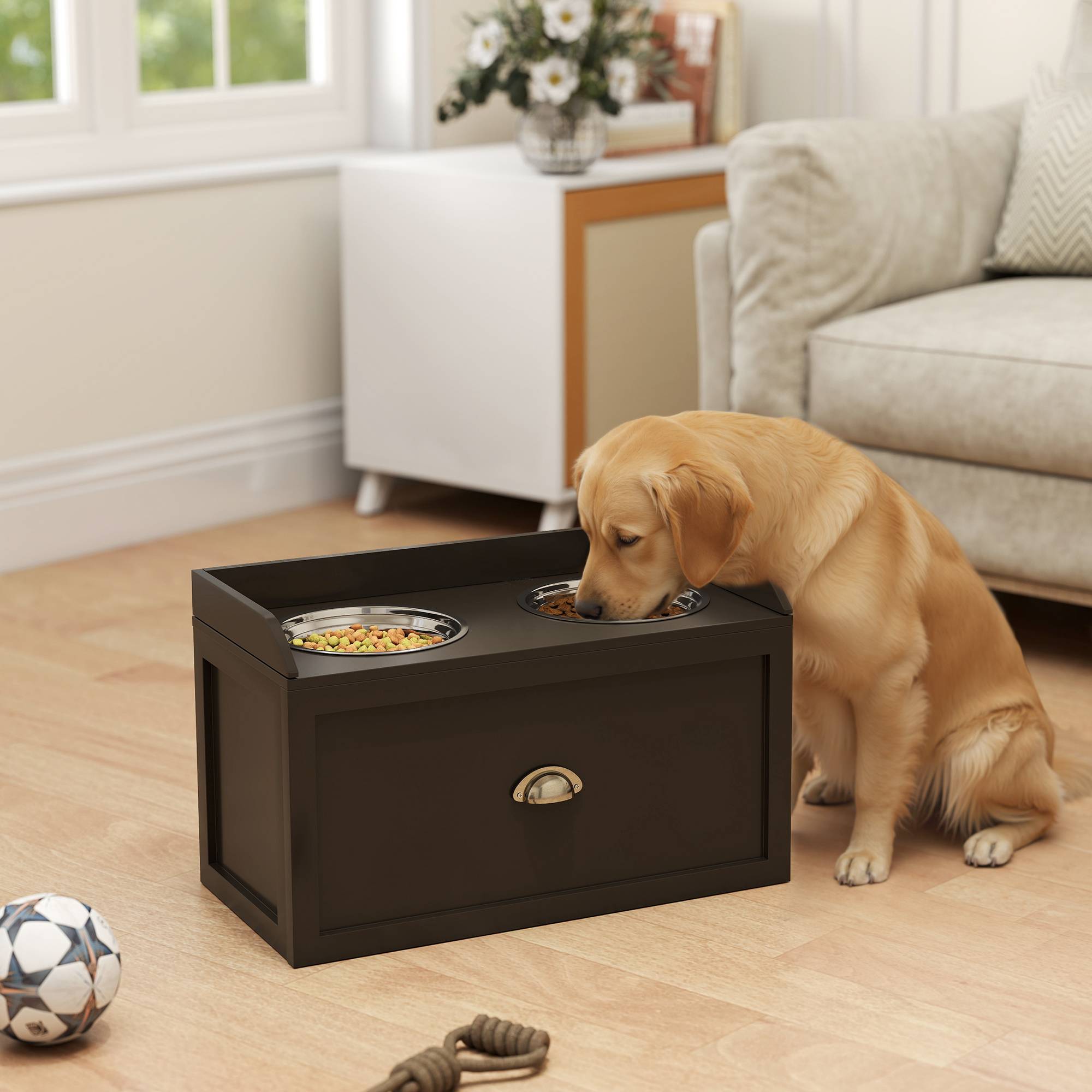 Sans Marque - Gamelles Chiens Surélevées, Porte-Gamelles Surélevé Rangement 2 en 1, Tiroir, 2 Gamelles, 60x30x36cm, Marron Café - Image 3