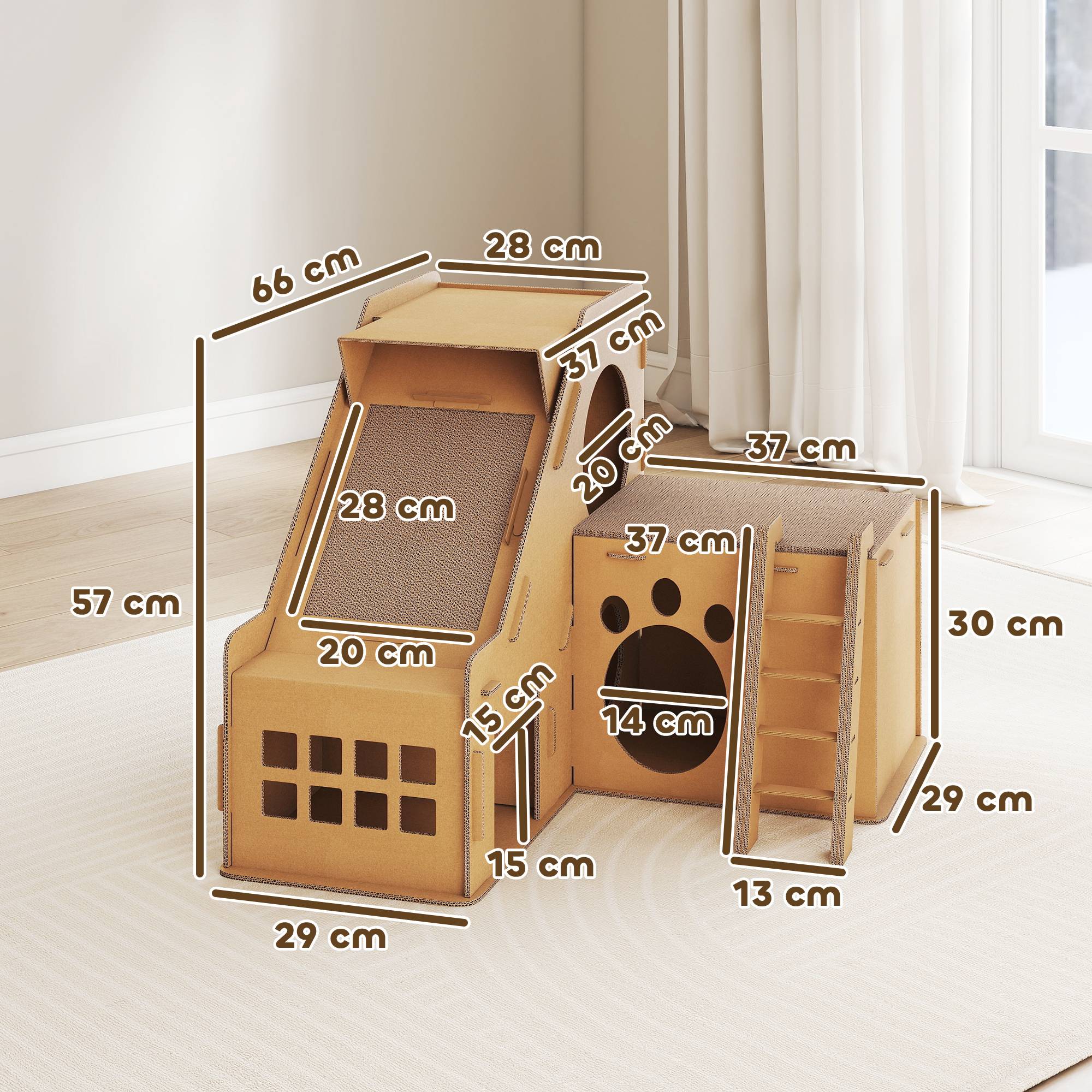 Griffoir Château pour Chat en Carton Maison de Jeu avec 2 Zones à Griffer et Herbe à Chat Marron - ComfortXL Outdoor Living - Image 5