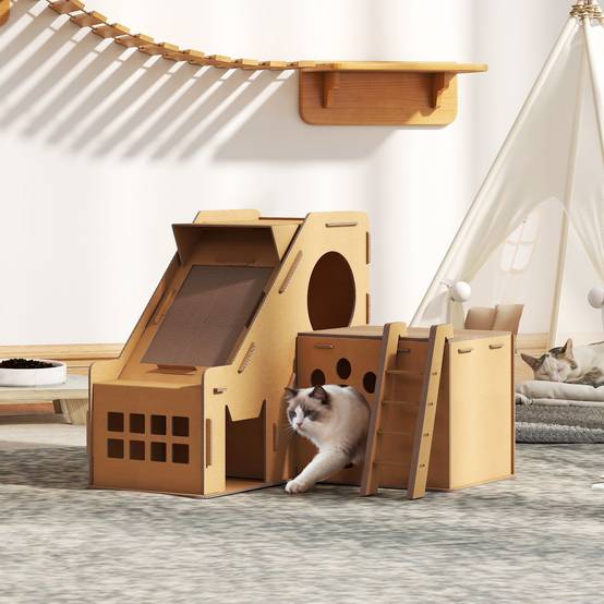 Griffoir Château pour Chat en Carton Maison de Jeu avec 2 Zones à Griffer et Herbe à Chat Marron - ComfortXL Outdoor Living - Image 3