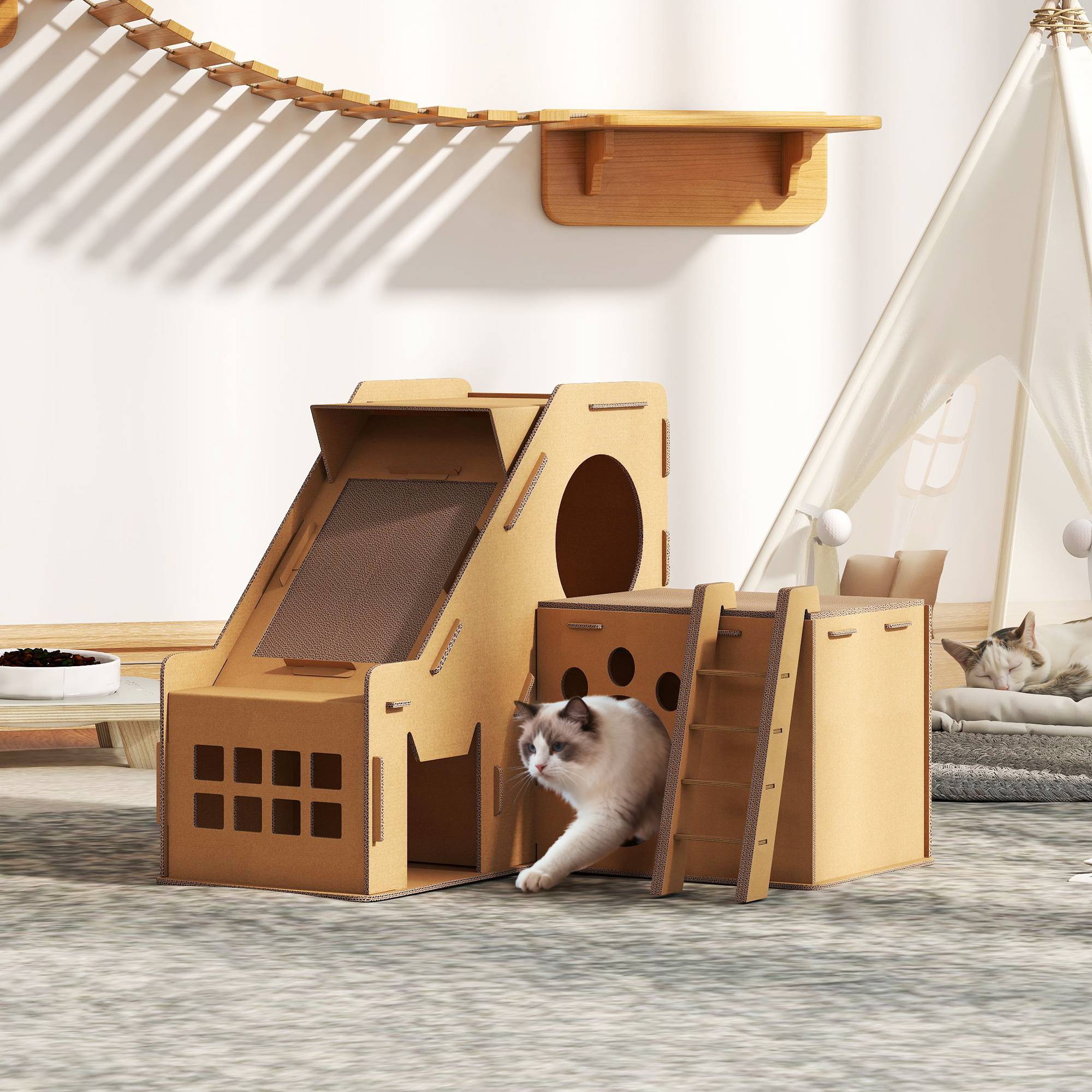 Griffoir Château pour Chat en Carton Maison de Jeu avec 2 Zones à Griffer et Herbe à Chat Marron - ComfortXL Outdoor Living - Image 3