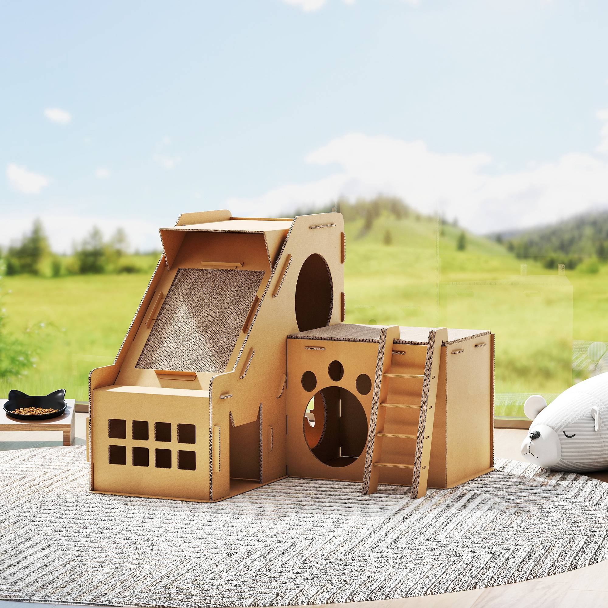 Griffoir Château pour Chat en Carton Maison de Jeu avec 2 Zones à Griffer et Herbe à Chat Marron - ComfortXL Outdoor Living - Image 10