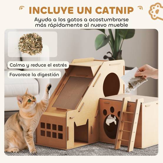 Griffoir Château pour Chat en Carton Maison de Jeu avec 2 Zones à Griffer et Herbe à Chat Marron - ComfortXL Outdoor Living - Image 8