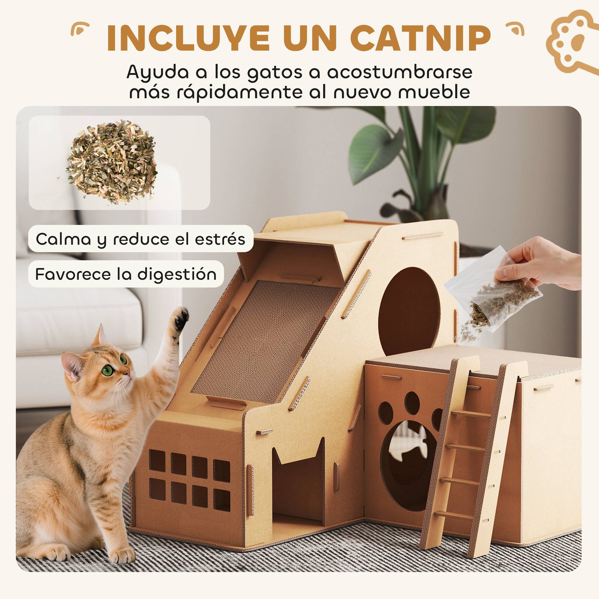 Griffoir Château pour Chat en Carton Maison de Jeu avec 2 Zones à Griffer et Herbe à Chat Marron - ComfortXL Outdoor Living - Image 8