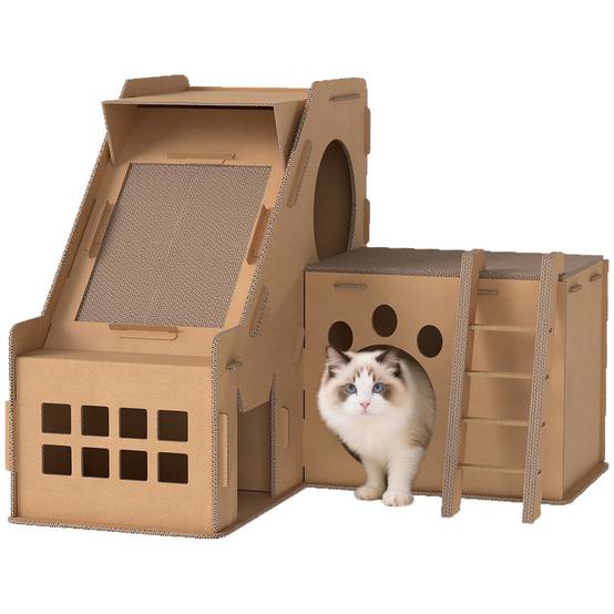 Griffoir Château pour Chat en Carton Maison de Jeu avec 2 Zones à Griffer et Herbe à Chat Marron - ComfortXL Outdoor Living - Image 1
