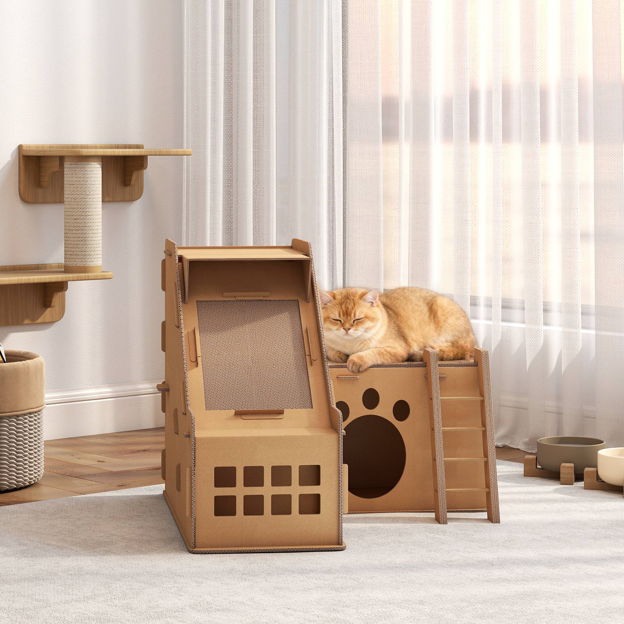 Griffoir Château pour Chat en Carton Maison de Jeu avec 2 Zones à Griffer et Herbe à Chat Marron - ComfortXL Outdoor Living - Image 4