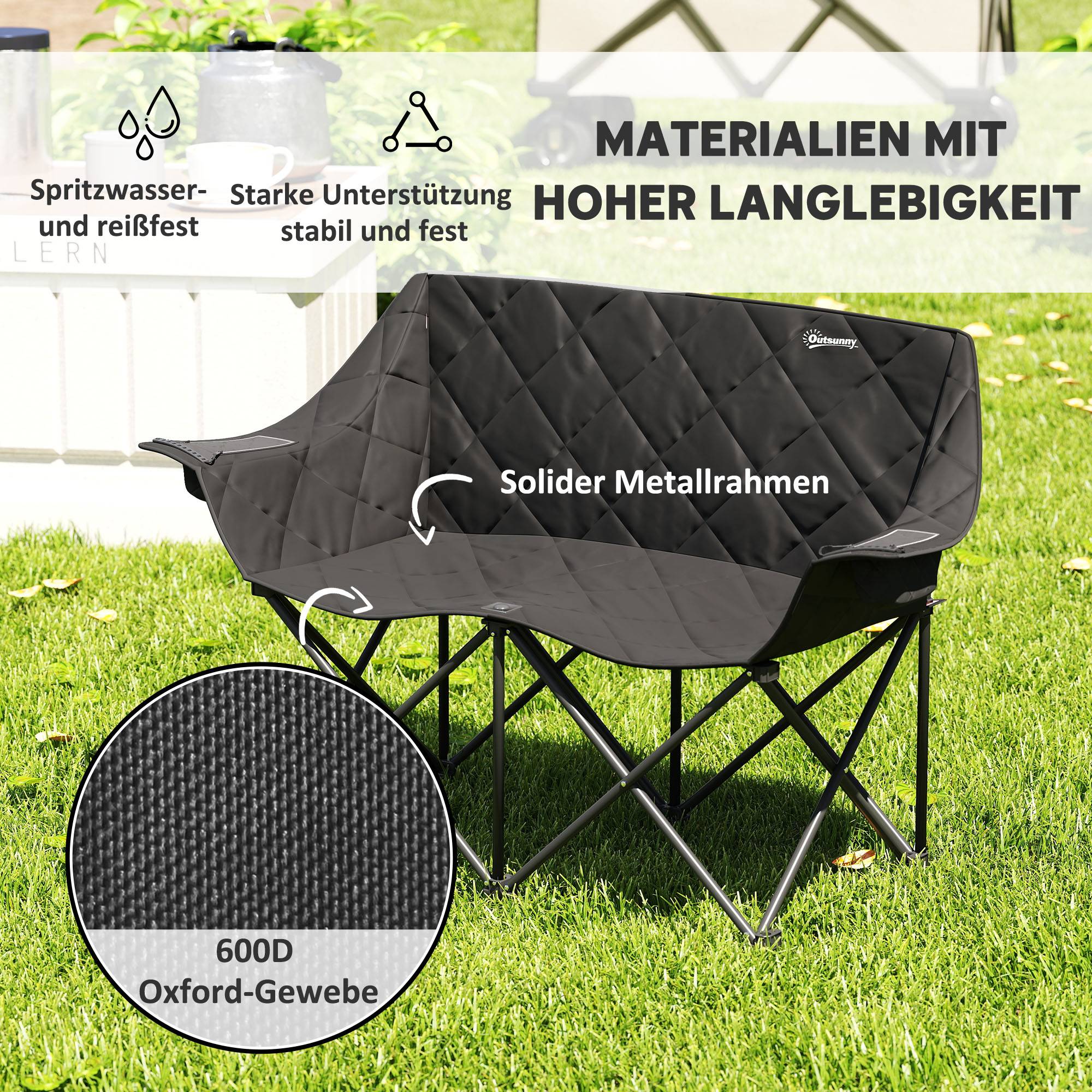 Chaise camping double métal pour festival siège rembourré 145x60x92cm noir - ComfortXL Outdoor Living - Image 6