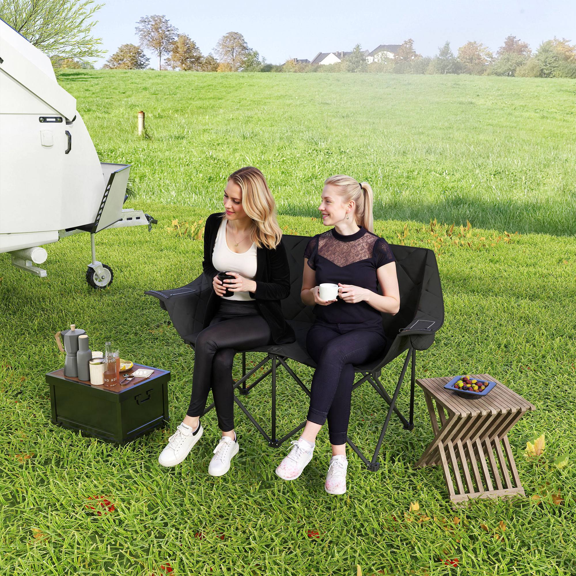 Chaise camping double métal pour festival siège rembourré 145x60x92cm noir - ComfortXL Outdoor Living - Image 3