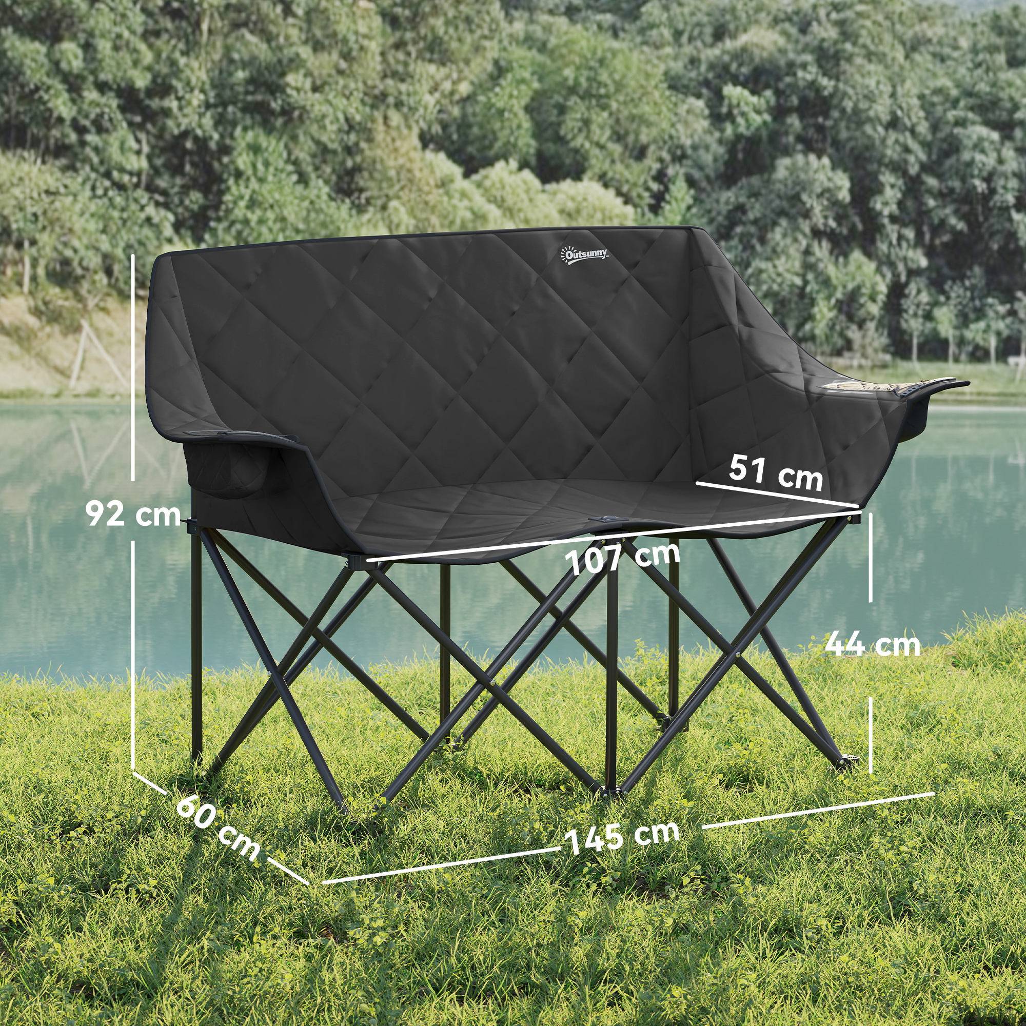Chaise camping double métal pour festival siège rembourré 145x60x92cm noir - ComfortXL Outdoor Living - Image 5