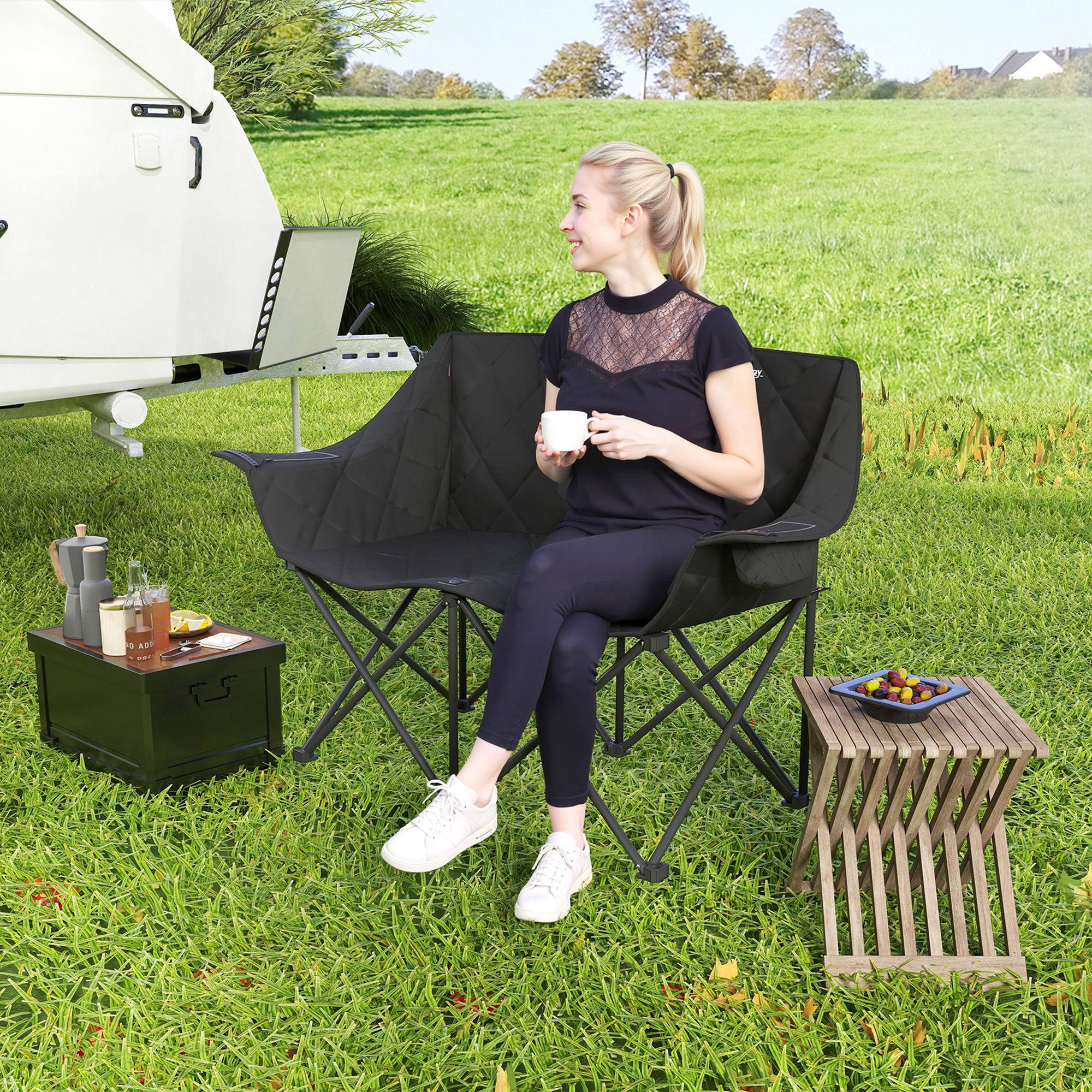 Chaise camping double métal pour festival siège rembourré 145x60x92cm noir - ComfortXL Outdoor Living - Image 10