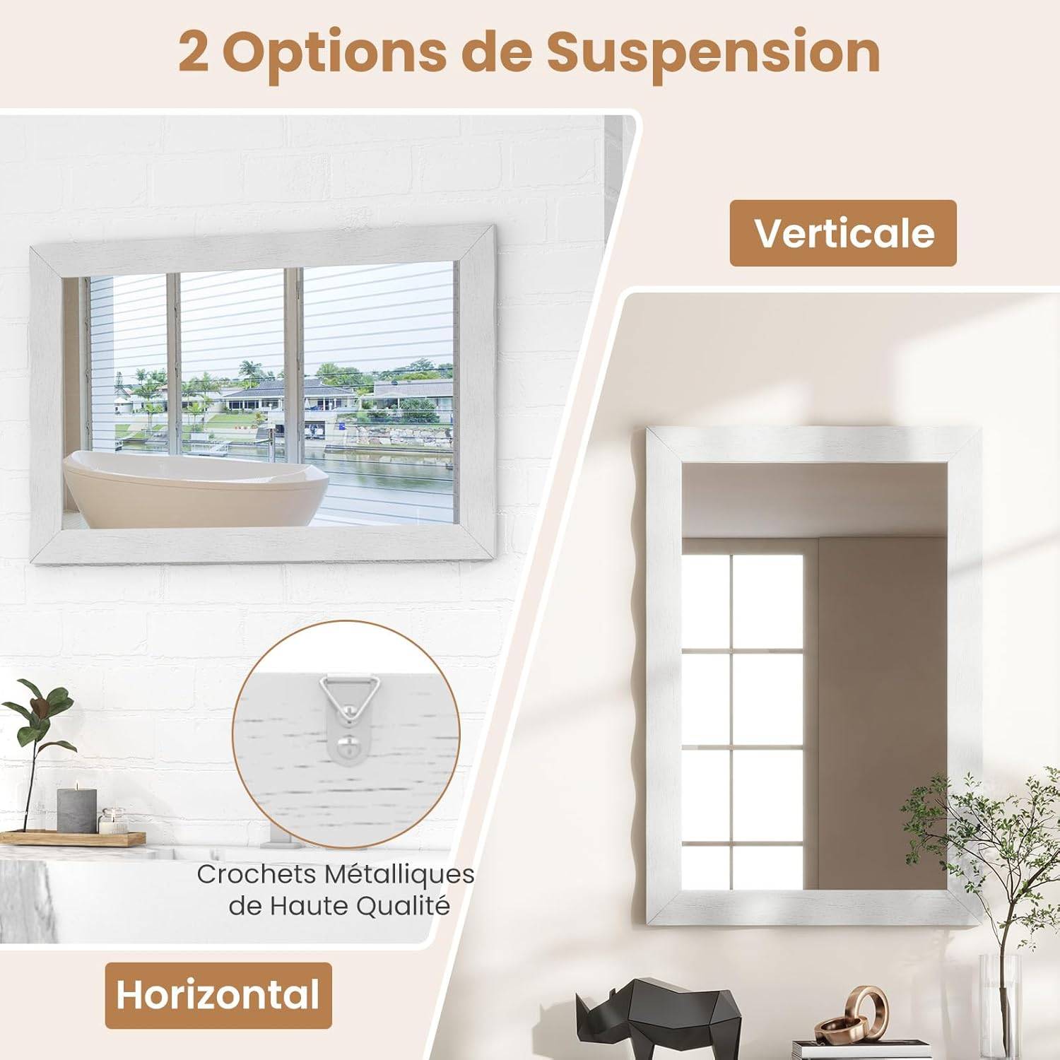 Costway - Miroir Mural Rectangulaire 106×71.5 cm, Cadre en Bois d’Hévéa, Grand Miroir Mural, Suspension Verticale & Horizontale, Miroir Décoratif(Blanc) - Image 4