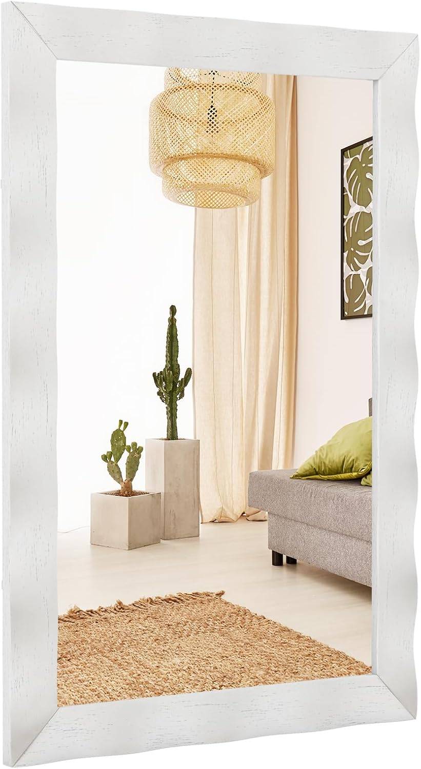 Costway - Miroir Mural Rectangulaire 106×71.5 cm, Cadre en Bois d’Hévéa, Grand Miroir Mural, Suspension Verticale & Horizontale, Miroir Décoratif(Blanc) - Image 1