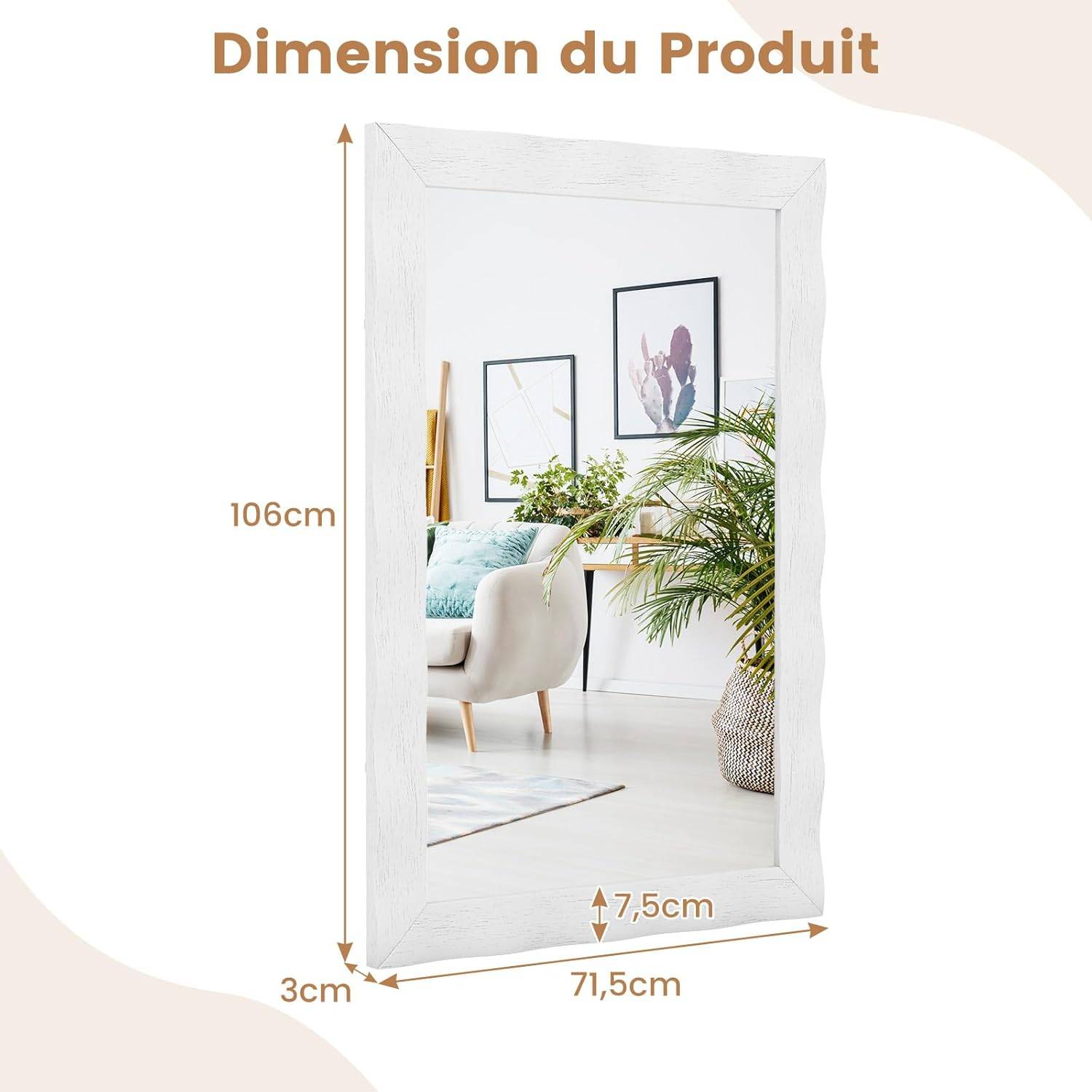 Costway - Miroir Mural Rectangulaire 106×71.5 cm, Cadre en Bois d’Hévéa, Grand Miroir Mural, Suspension Verticale & Horizontale, Miroir Décoratif(Blanc) - Image 3
