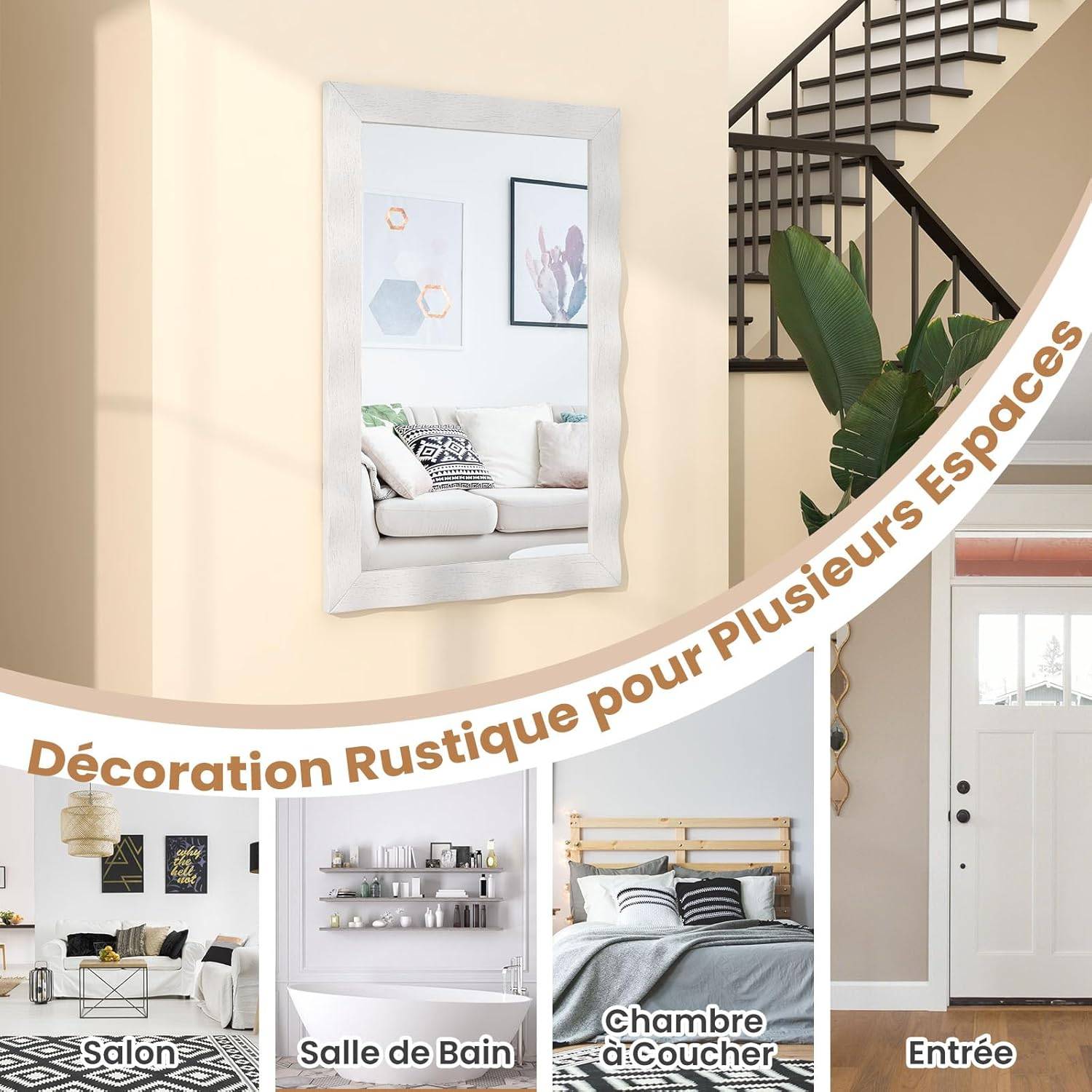 Costway - Miroir Mural Rectangulaire 106×71.5 cm, Cadre en Bois d’Hévéa, Grand Miroir Mural, Suspension Verticale & Horizontale, Miroir Décoratif(Blanc) - Image 5