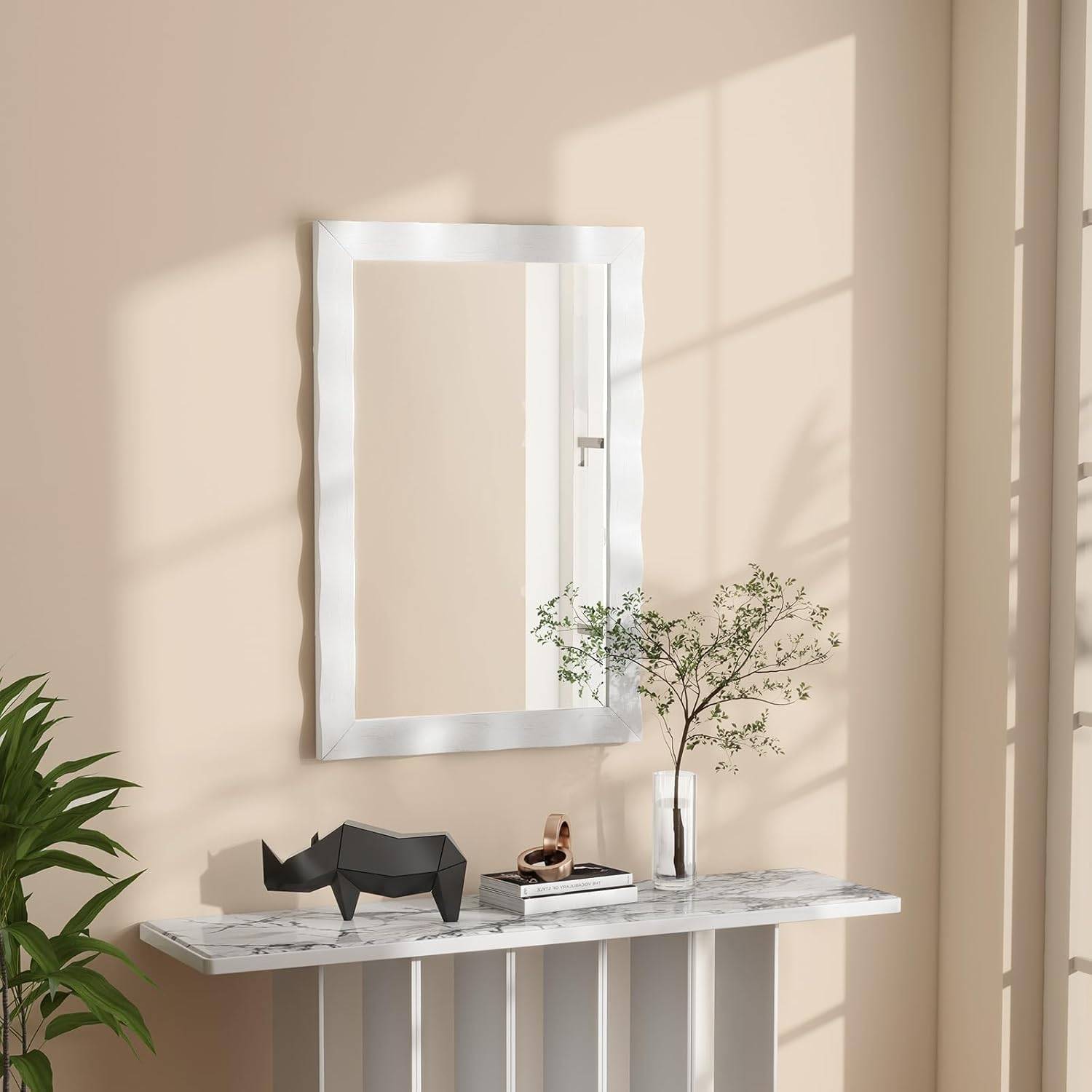 Costway - Miroir Mural Rectangulaire 106×71.5 cm, Cadre en Bois d’Hévéa, Grand Miroir Mural, Suspension Verticale & Horizontale, Miroir Décoratif(Blanc) - Image 8