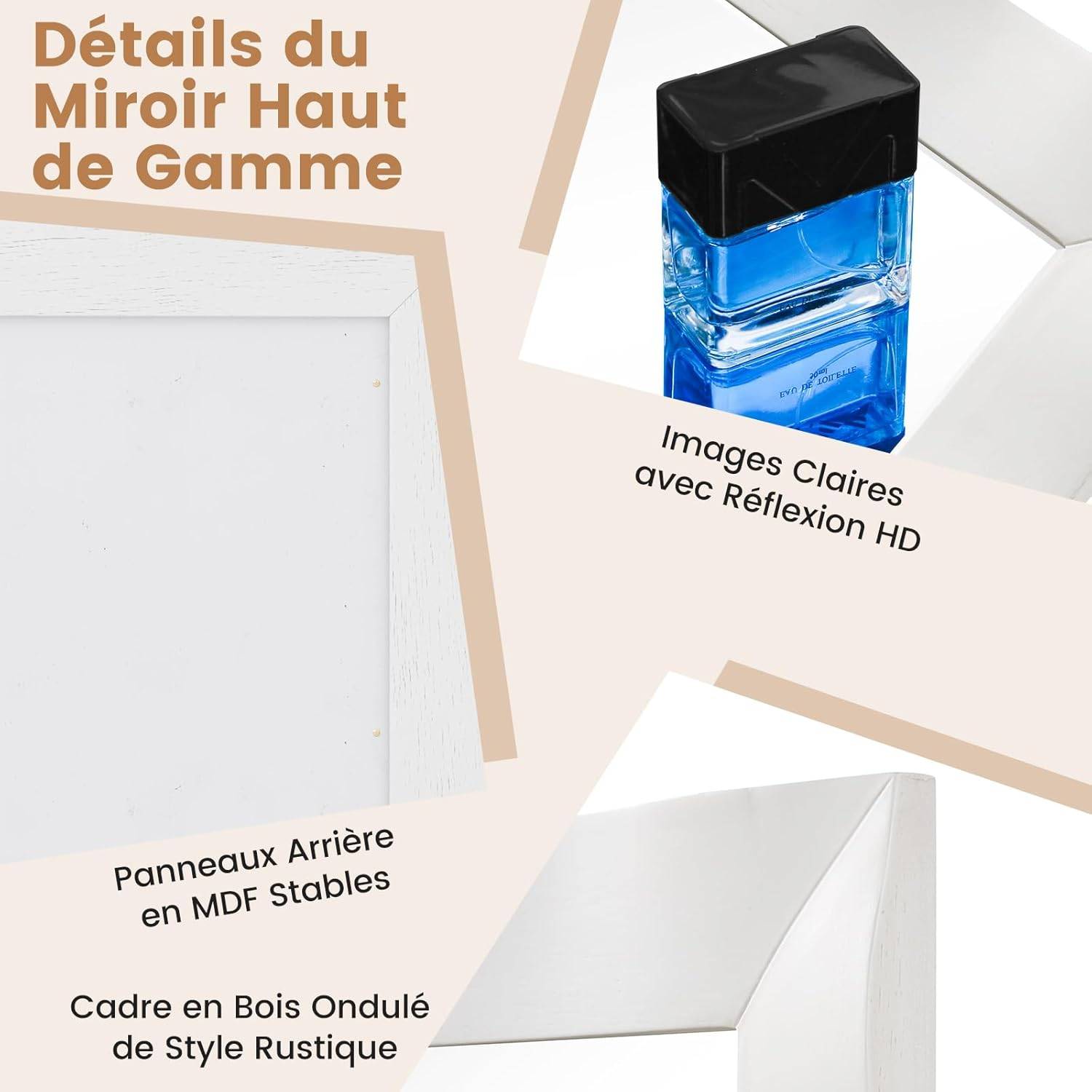 Costway - Miroir Mural Rectangulaire 106×71.5 cm, Cadre en Bois d’Hévéa, Grand Miroir Mural, Suspension Verticale & Horizontale, Miroir Décoratif(Blanc) - Image 6