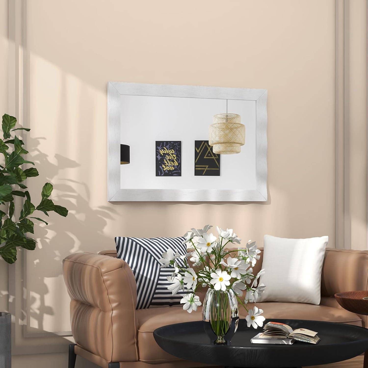 Costway - Miroir Mural Rectangulaire 106×71.5 cm, Cadre en Bois d’Hévéa, Grand Miroir Mural, Suspension Verticale & Horizontale, Miroir Décoratif(Blanc) - Image 9