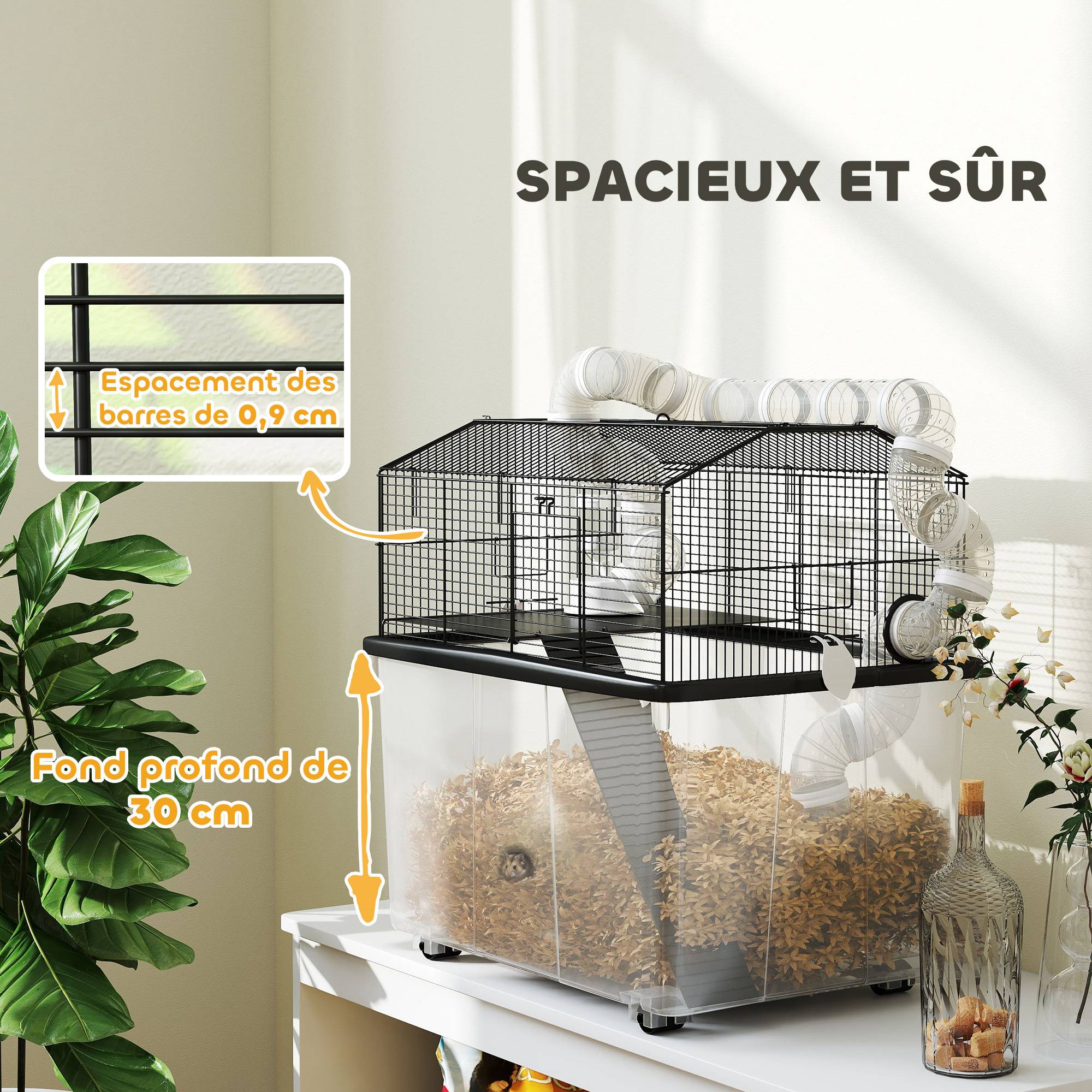 Cage hamster nain acier avec tubes de jeu et accessoires complets 58x57cm noir - ComfortXL Outdoor Living - Image 7