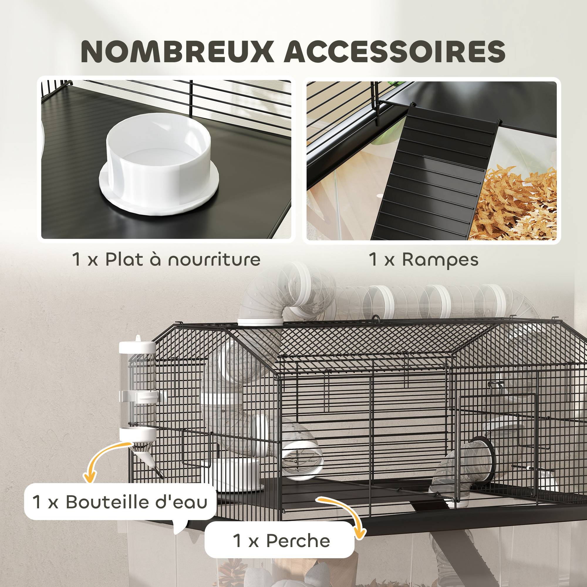 Cage hamster nain acier avec tubes de jeu et accessoires complets 58x57cm noir - ComfortXL Outdoor Living - Image 9