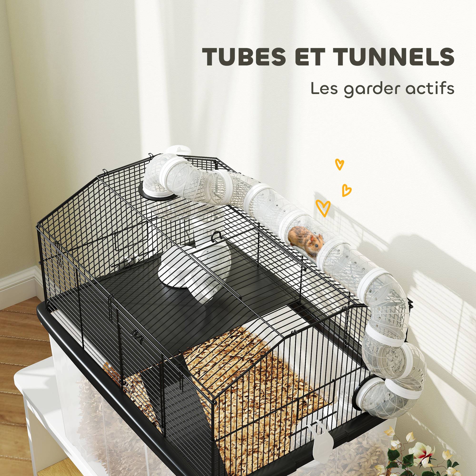 Cage hamster nain acier avec tubes de jeu et accessoires complets 58x57cm noir - ComfortXL Outdoor Living - Image 8